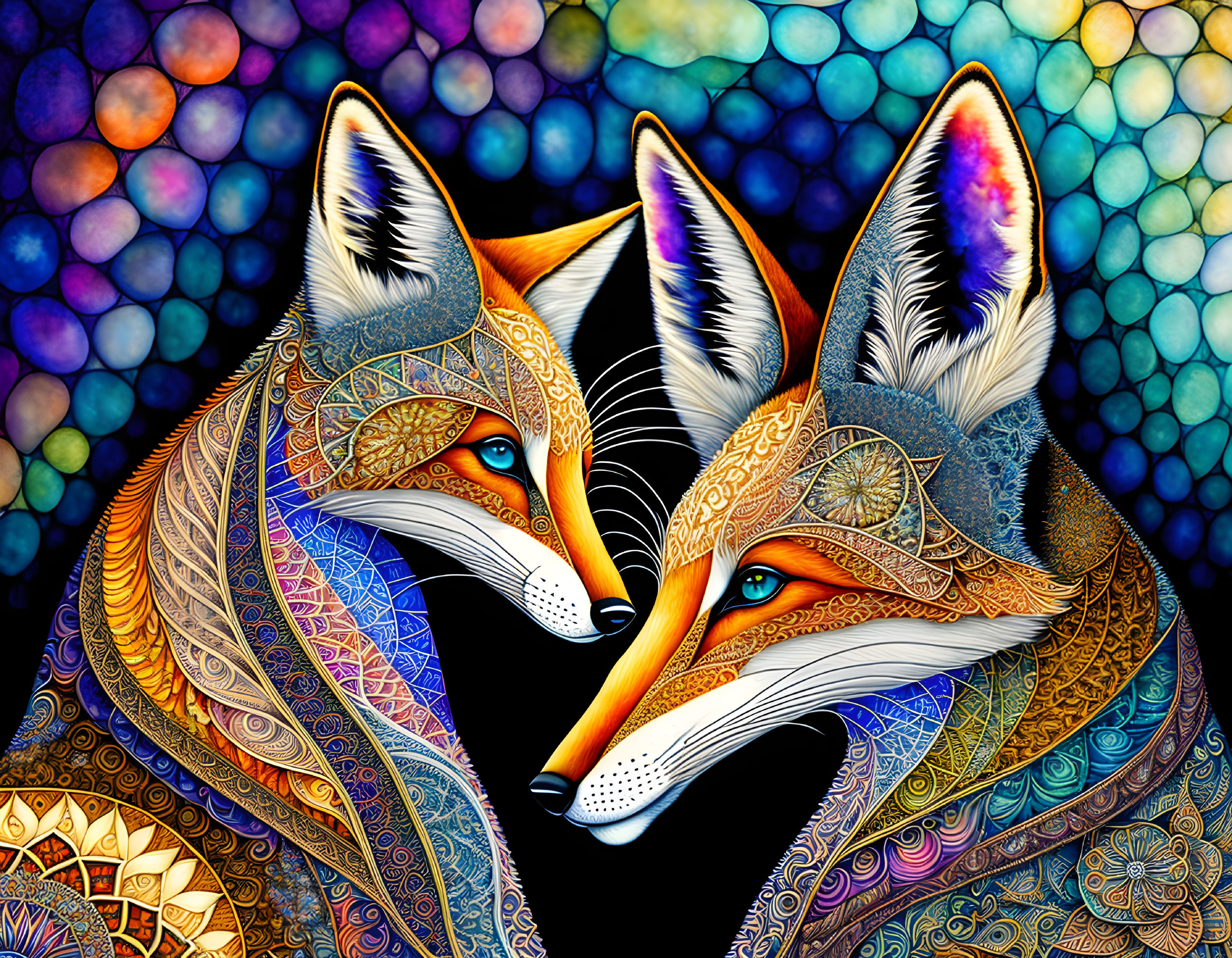 Colorful stylized foxes on mosaic background: A captivating artwork.