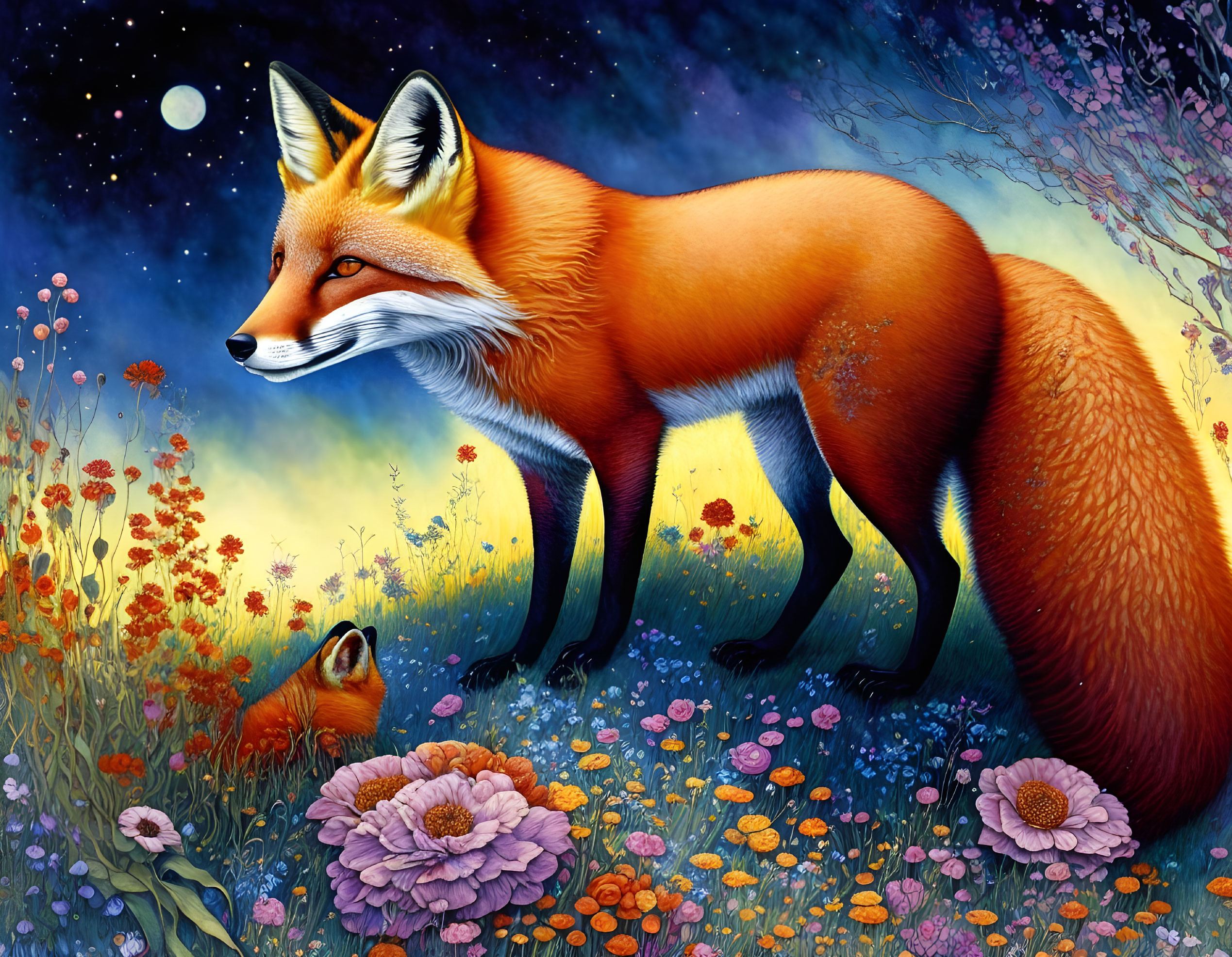 Colorful Fox in Floral Meadow Under Night Sky with Stars