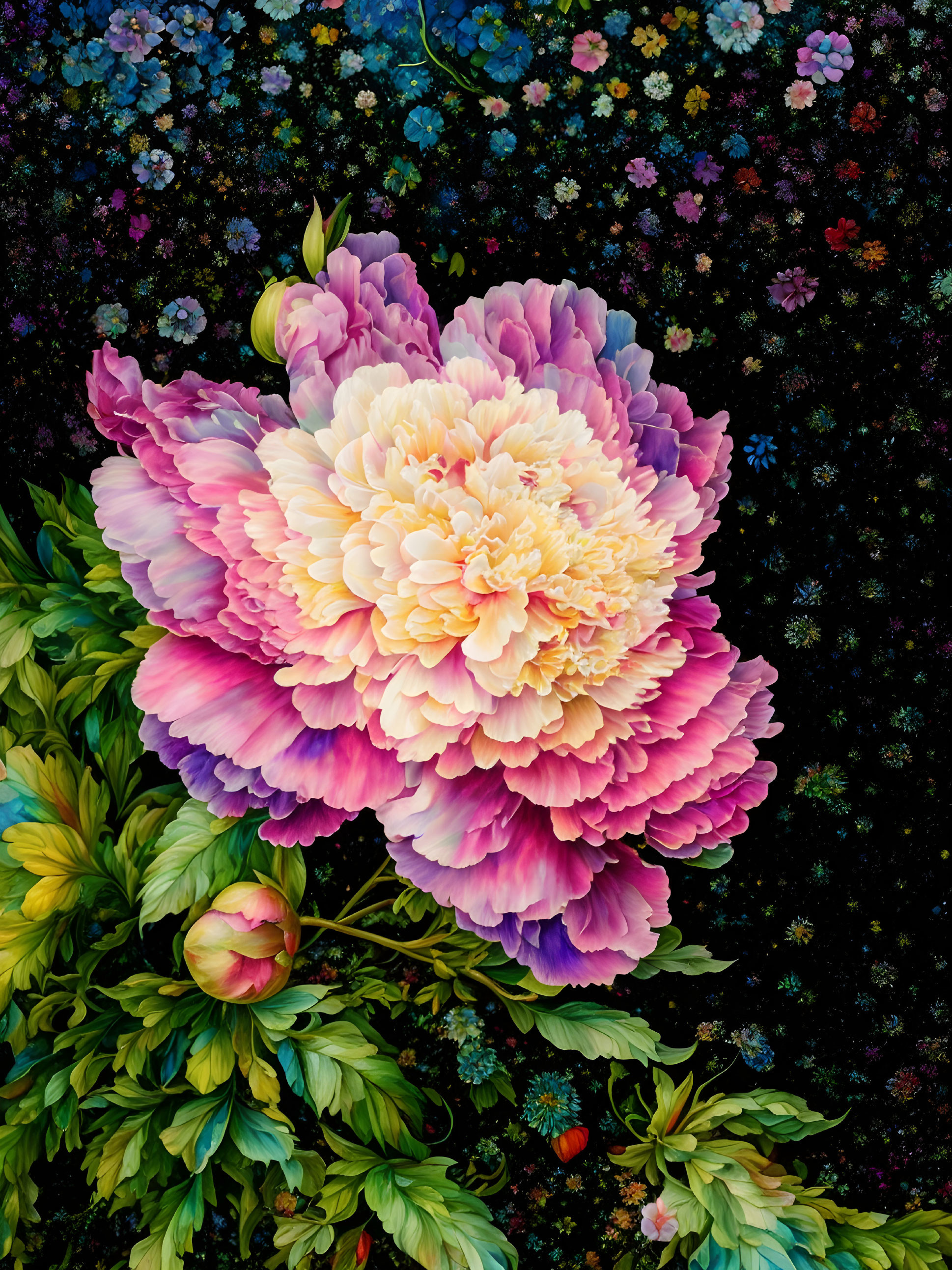 Colorful large peony surrounded by pink and purple hues and lush foliage on dark backdrop