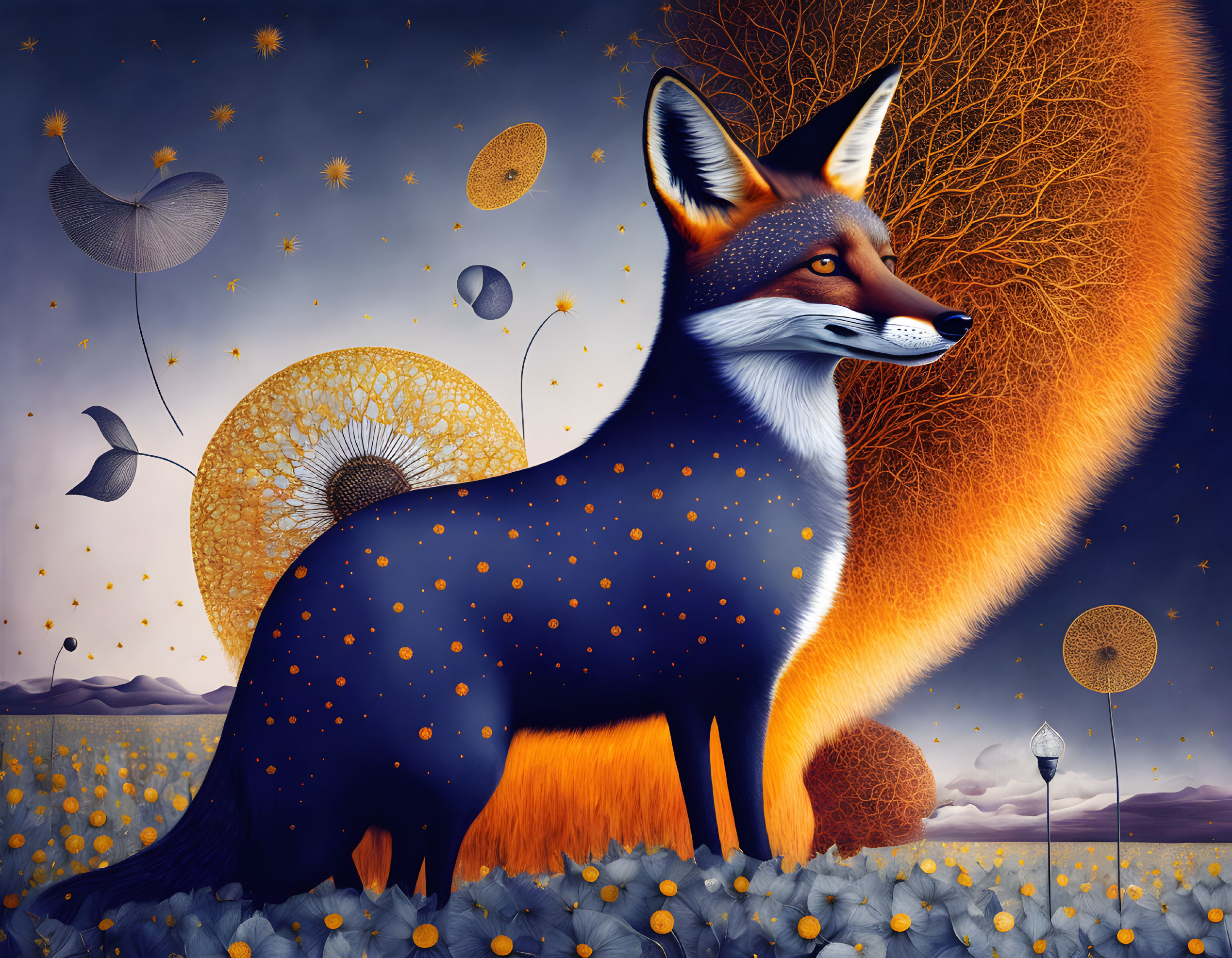 Surreal starry fox in enchanted field under twilight sky