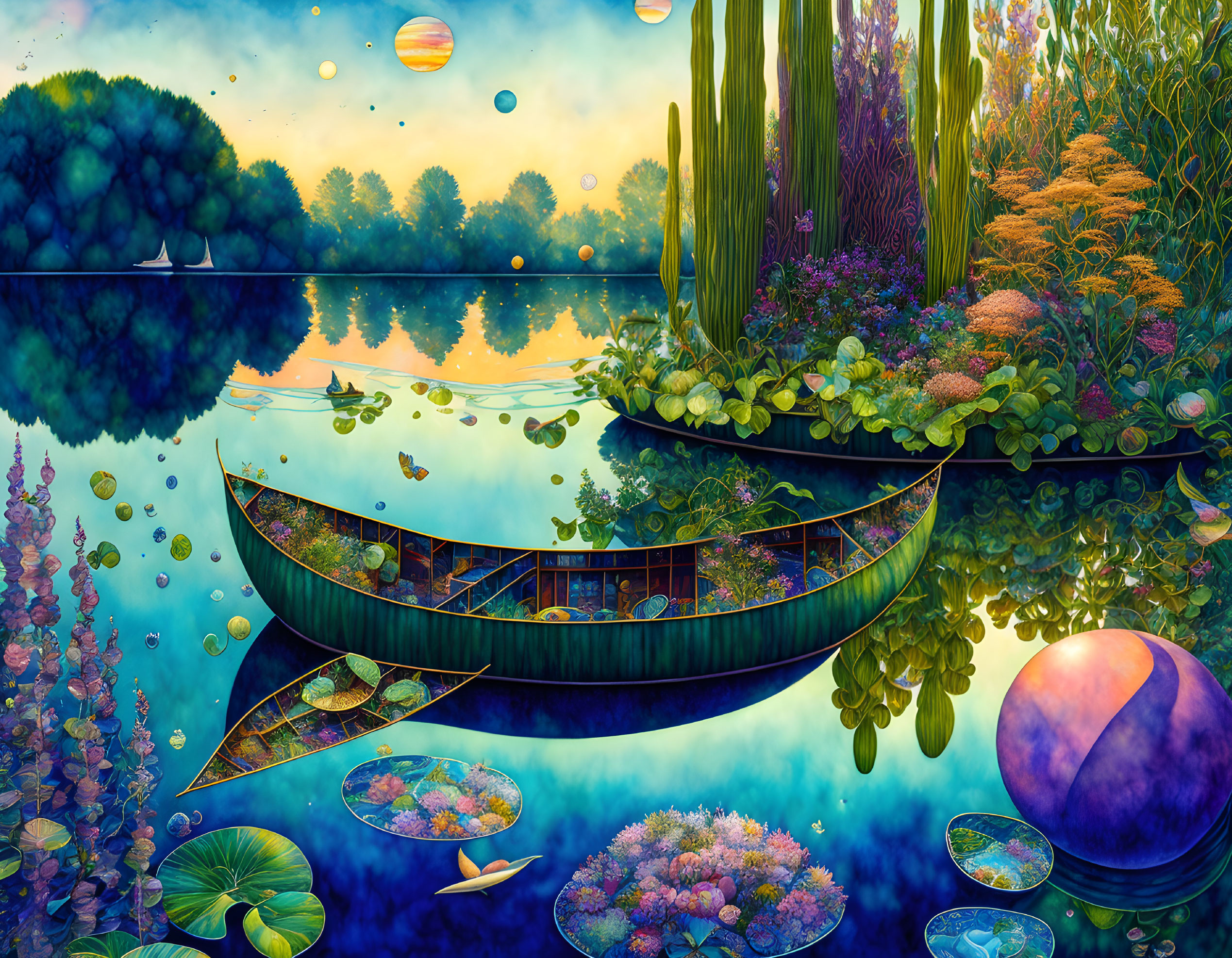 Tranquil landscape with boat on pond, lush flora, and hot air balloons