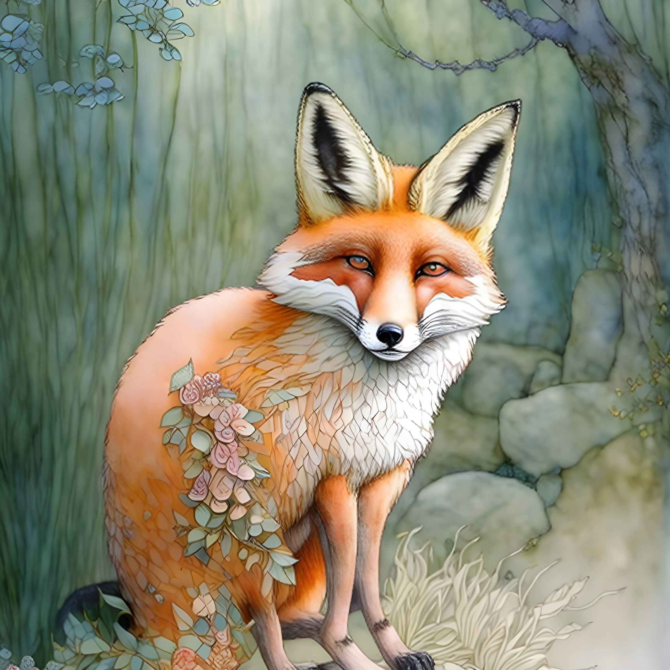 Illustrated fox with orange fur and white markings in misty floral forest.