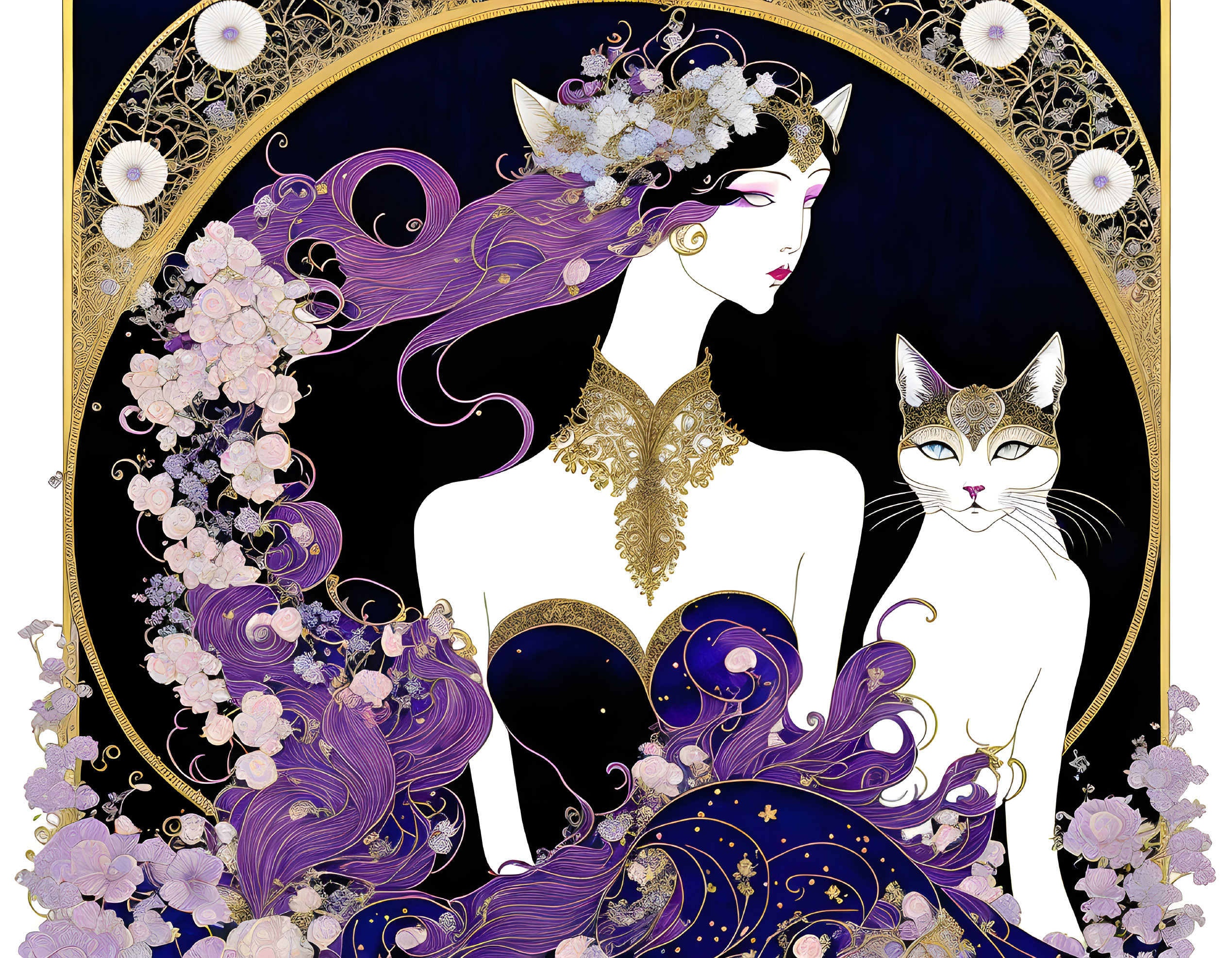 Art Nouveau-style illustration of woman with purple hair and white cat in golden circle.