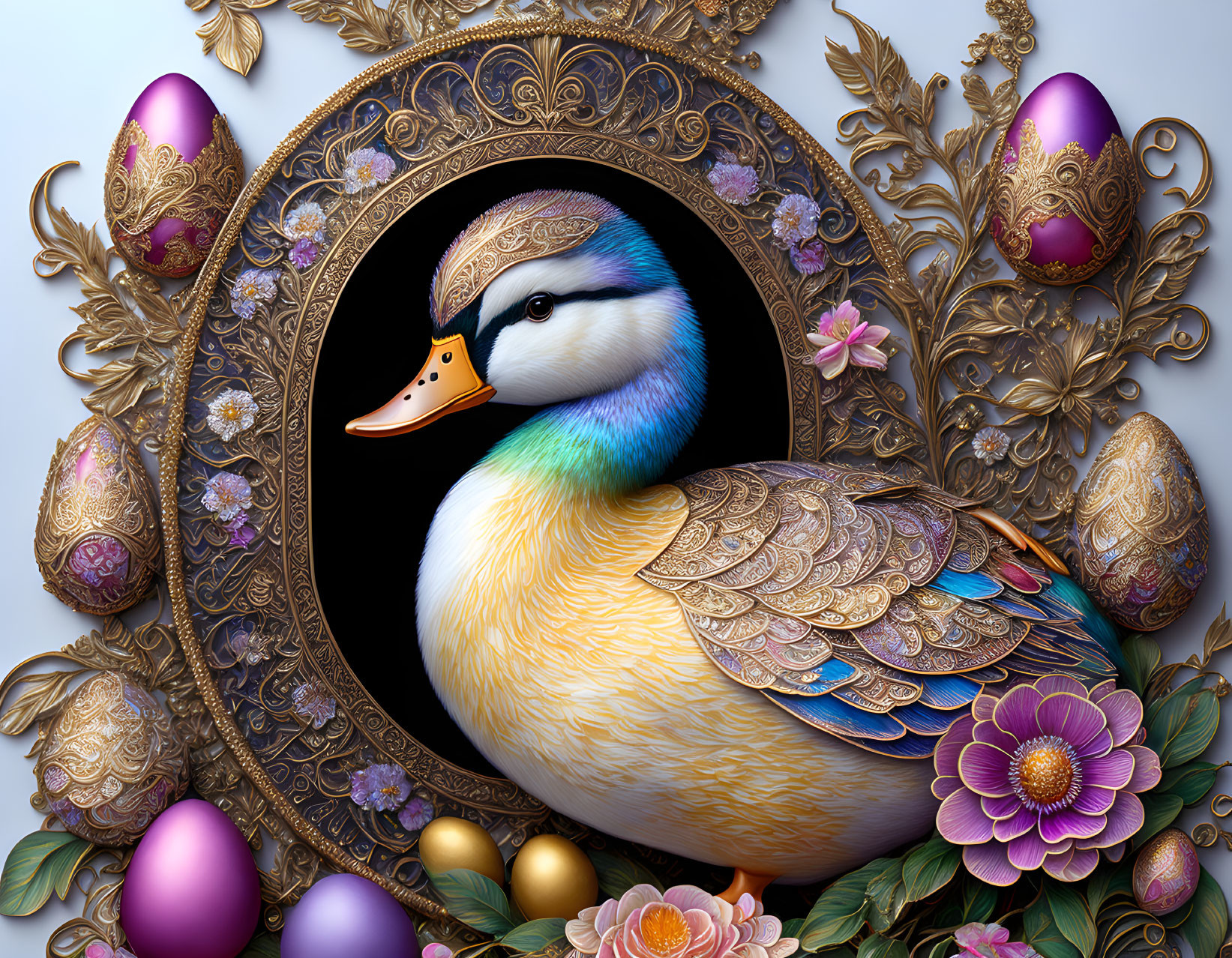 Ornate Metallic Duck with Baroque Floral Motif and Easter Eggs