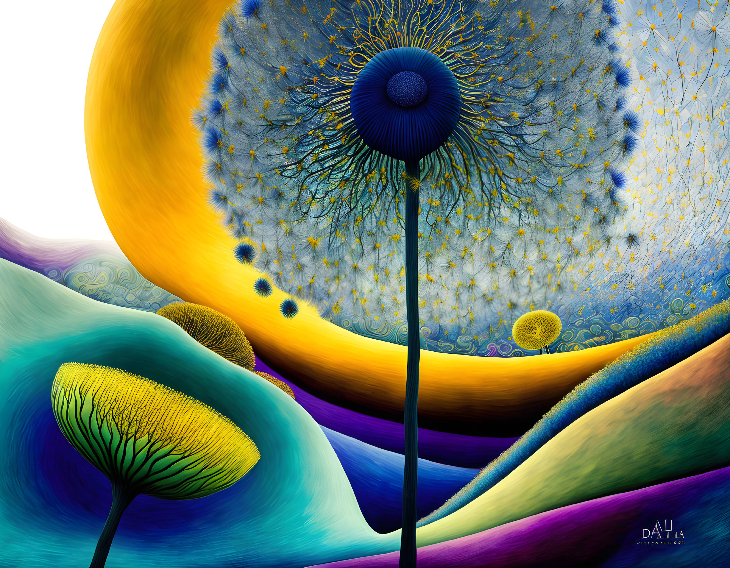 Colorful digital artwork: whimsical trees, swirling patterns, yellow moon, colorful hills