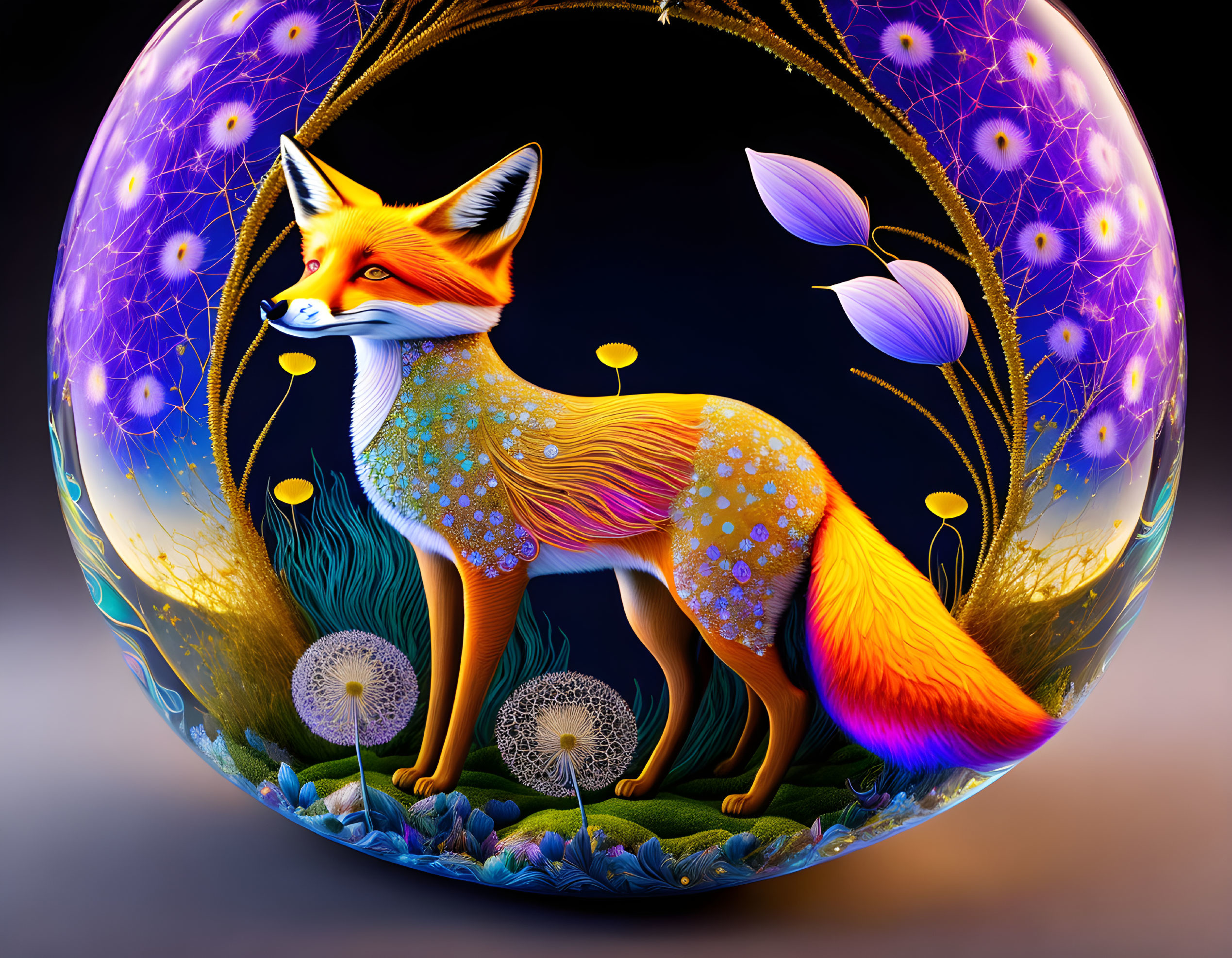 Colorful Fox in Floral Bubble with Glowing Elements