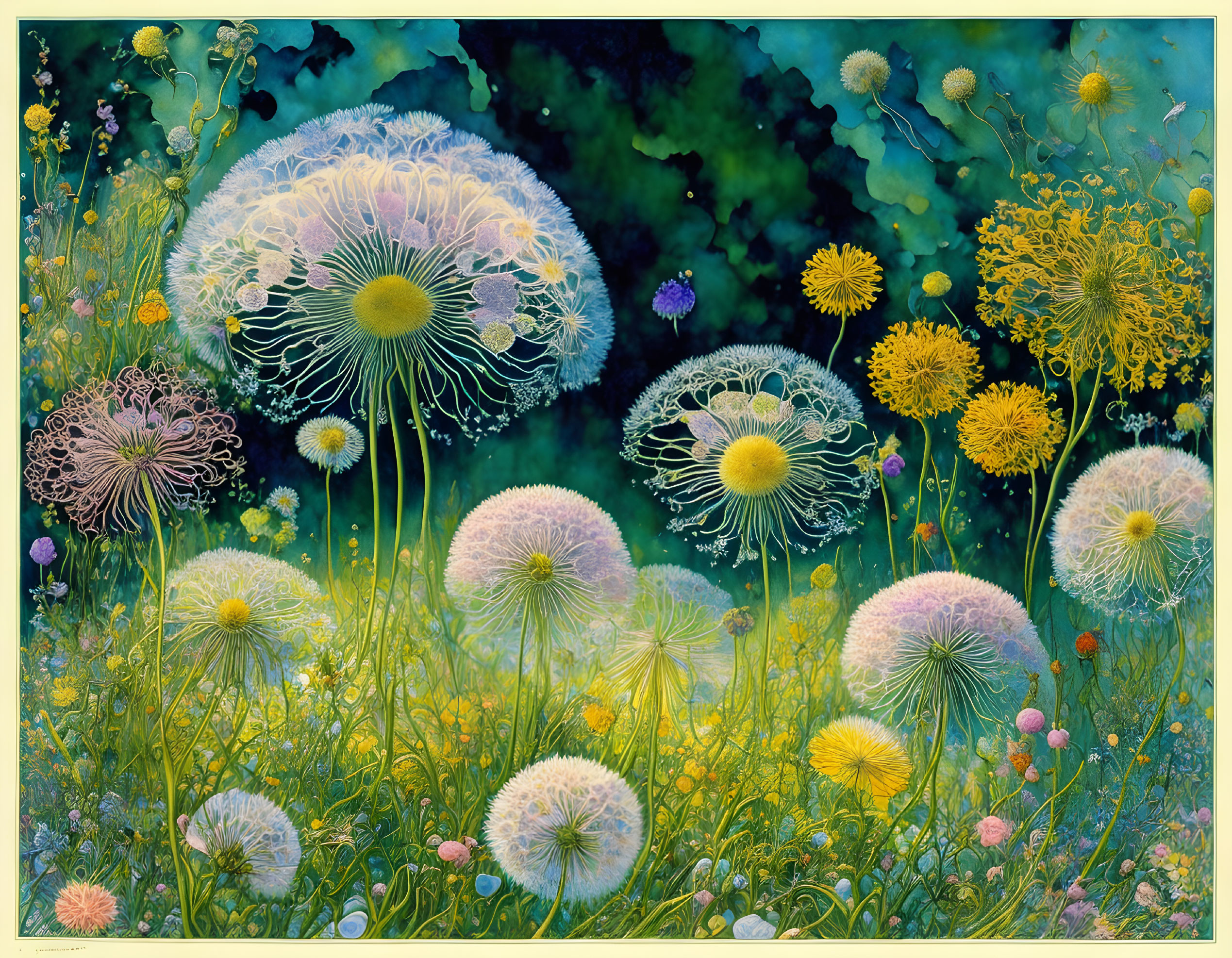 Colorful painting of oversized dandelion-like flowers on dark green and blue backdrop