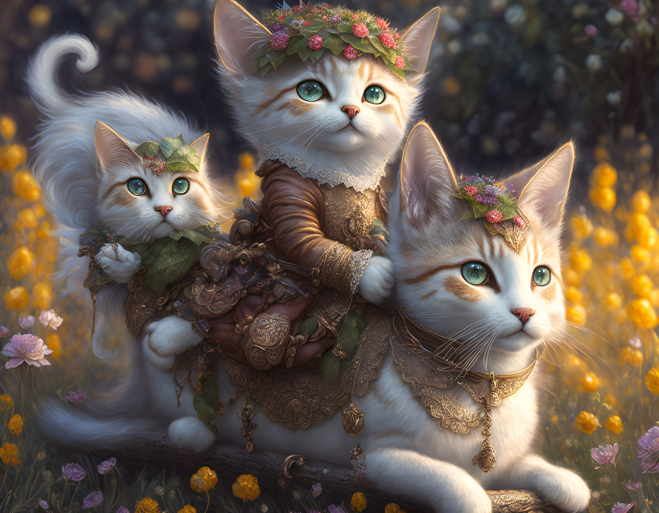 Whimsical cats in medieval fantasy attire among vibrant flowers