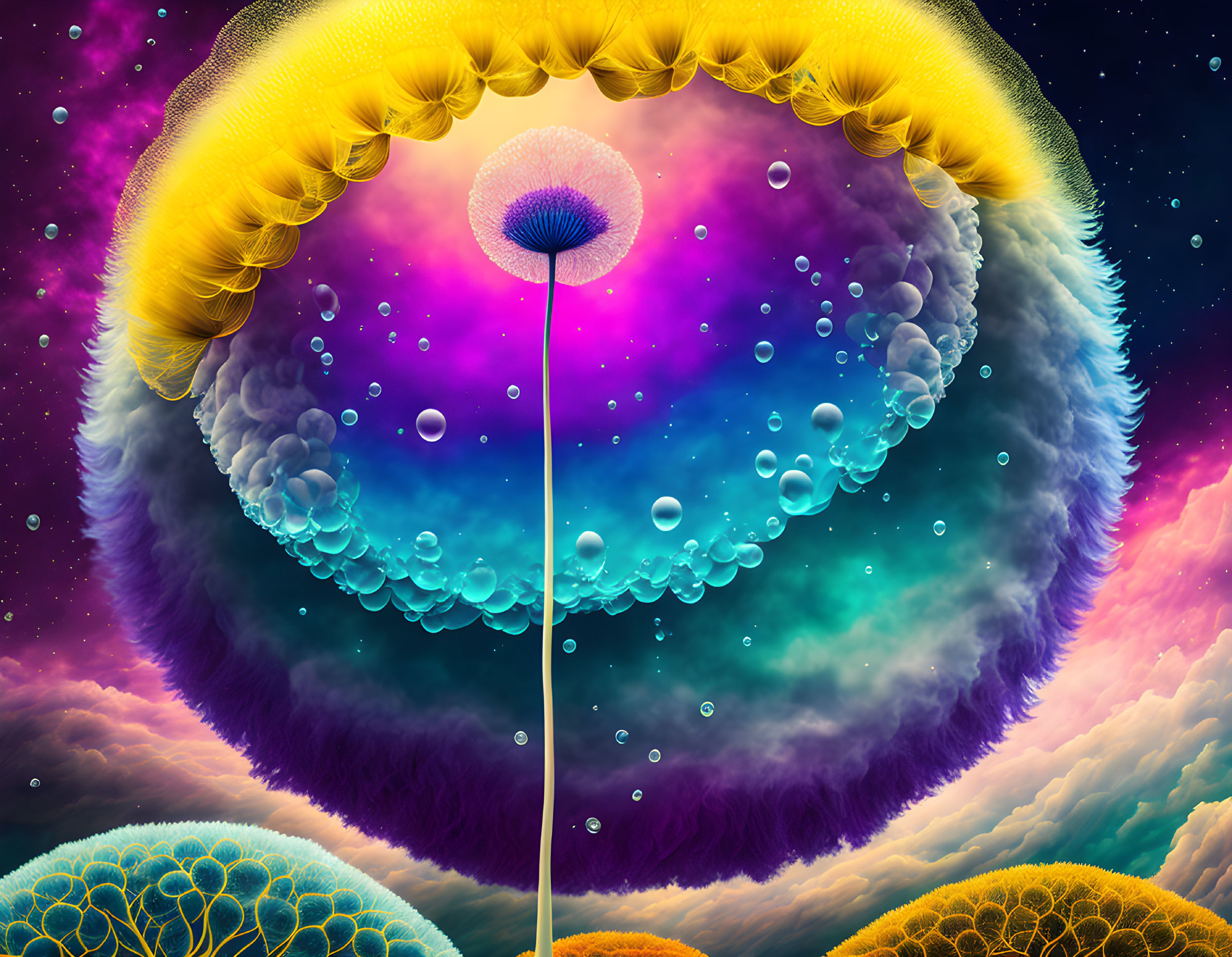 Colorful surreal artwork with dandelion-like structure and cosmic backdrop