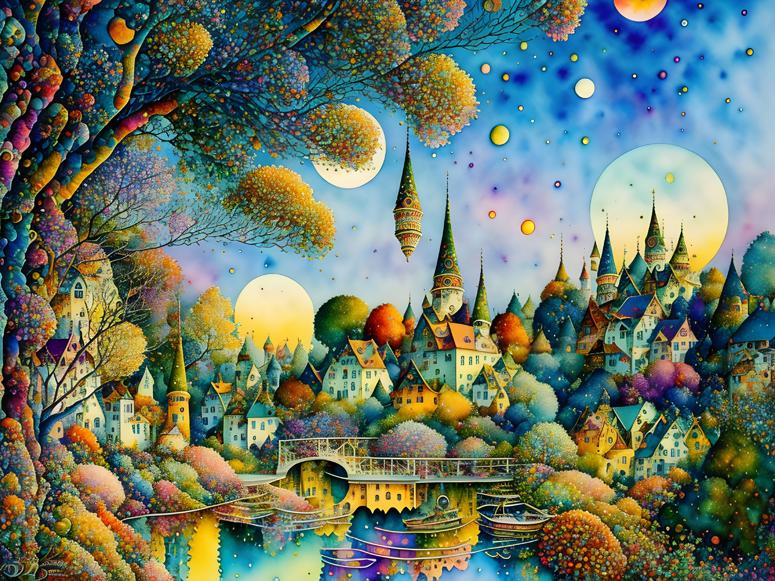 Colorful Fantasy Landscape with Whimsical Houses, Trees, and Castle Tower