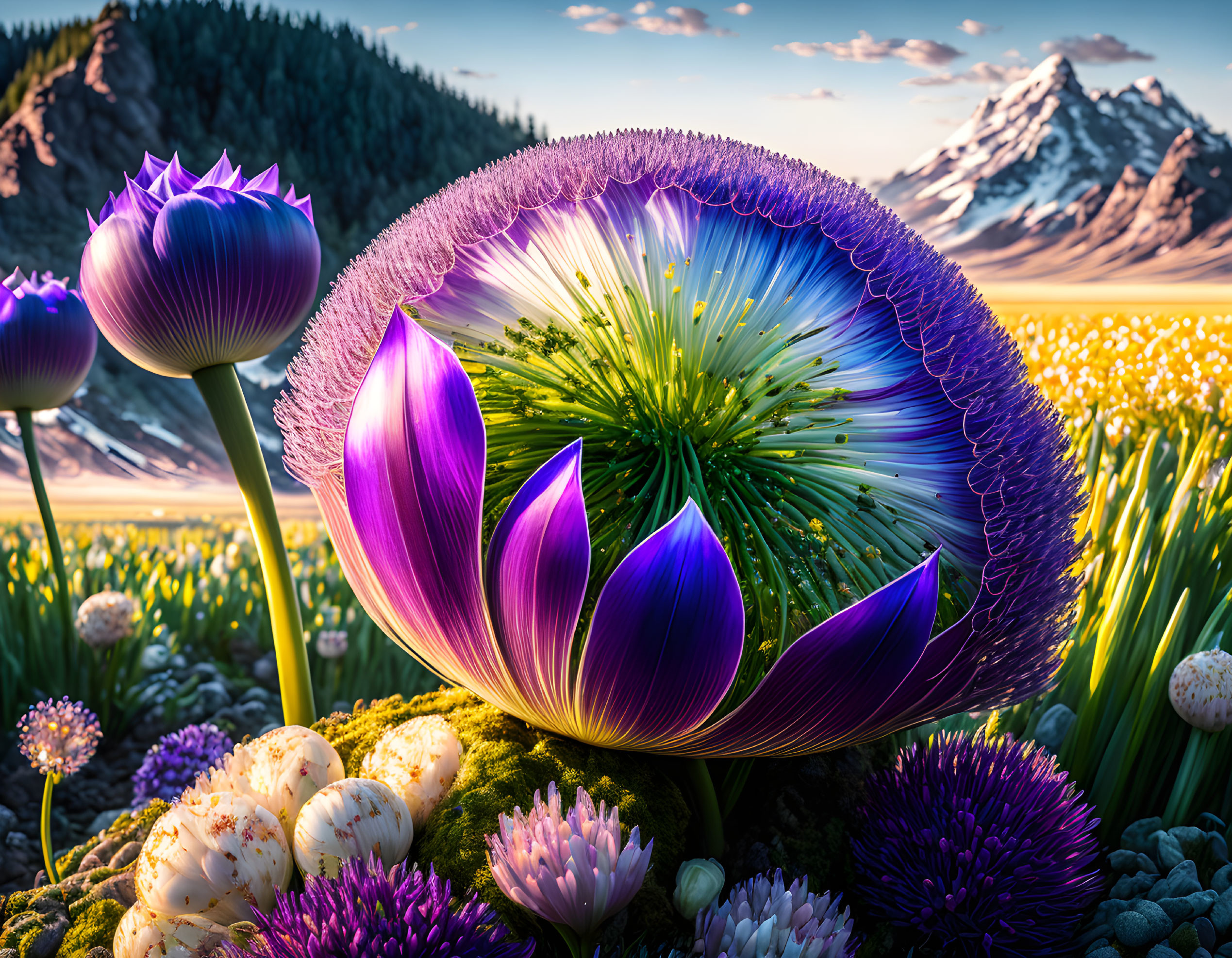 Colorful oversized flower in vibrant meadow with snowy mountains