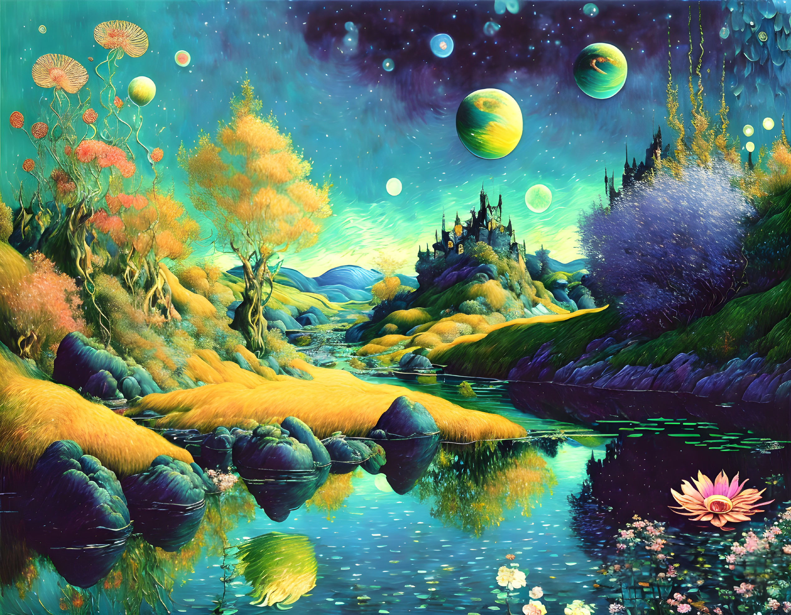 Colorful surreal landscape with river, castle, and fantastical planets in starry sky