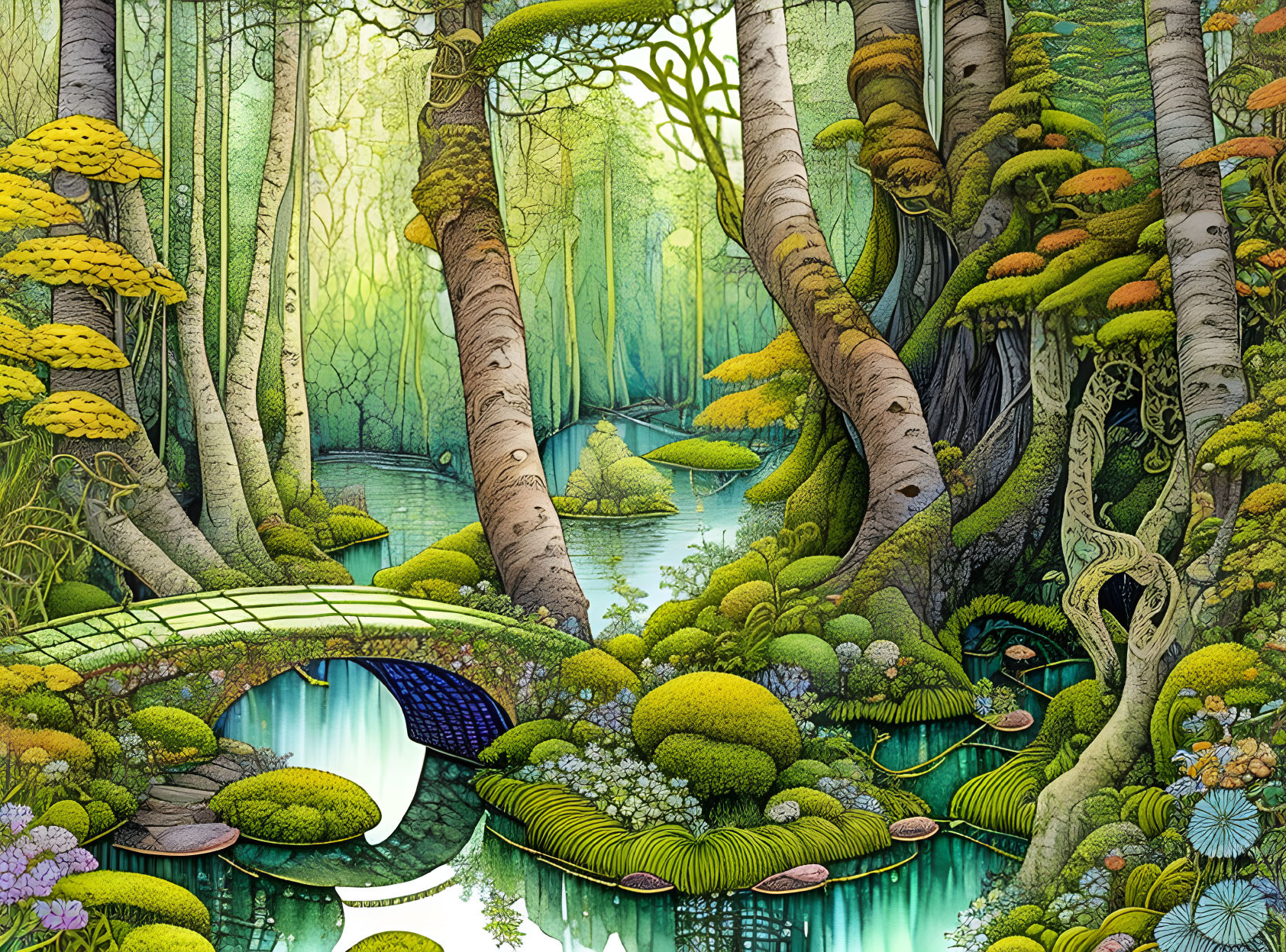 Fantasy forest scene with lush greenery, pond, bridge, vibrant flora, and whimsical trees