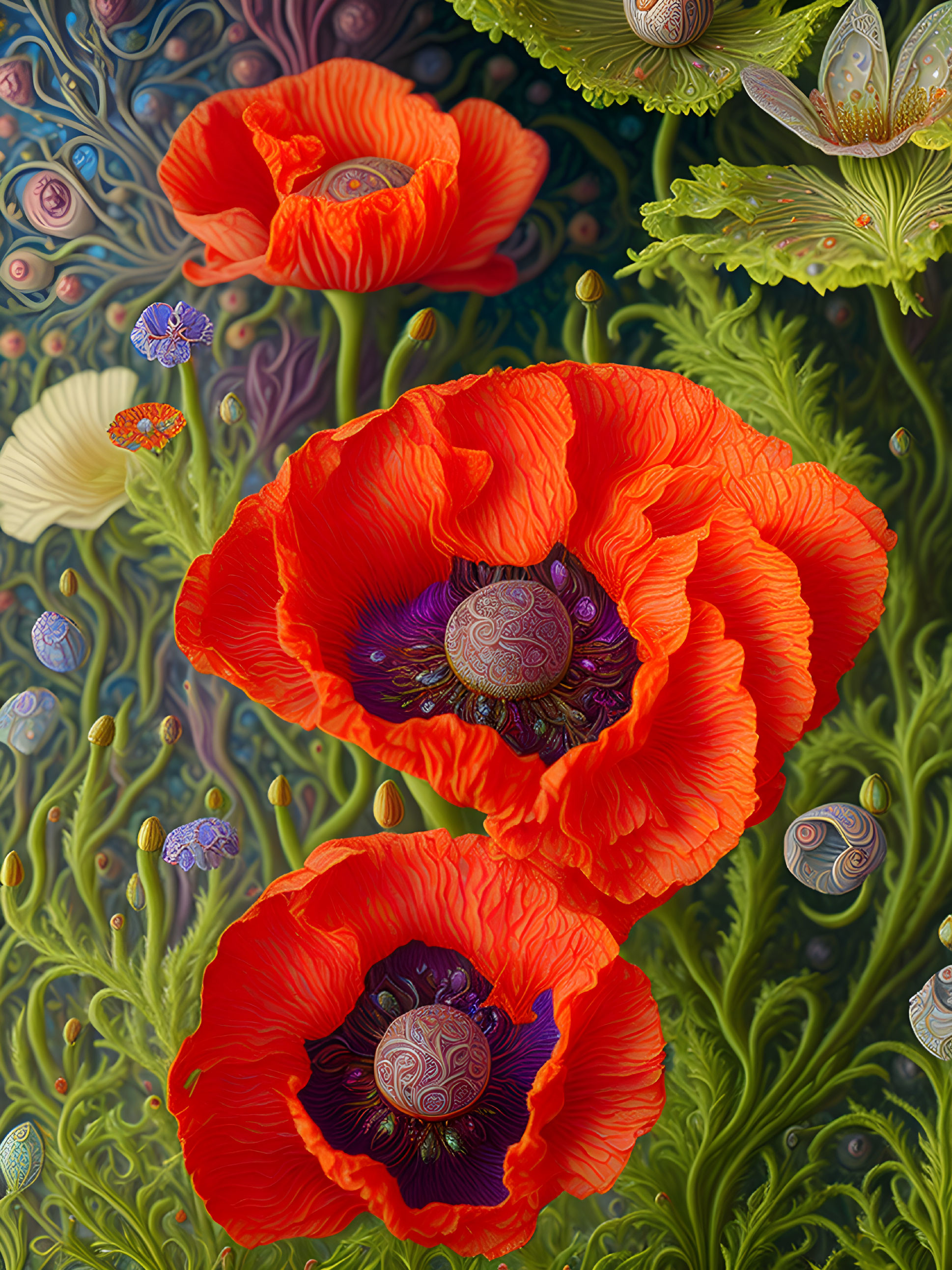 Detailed red poppies against whimsical floral backdrop