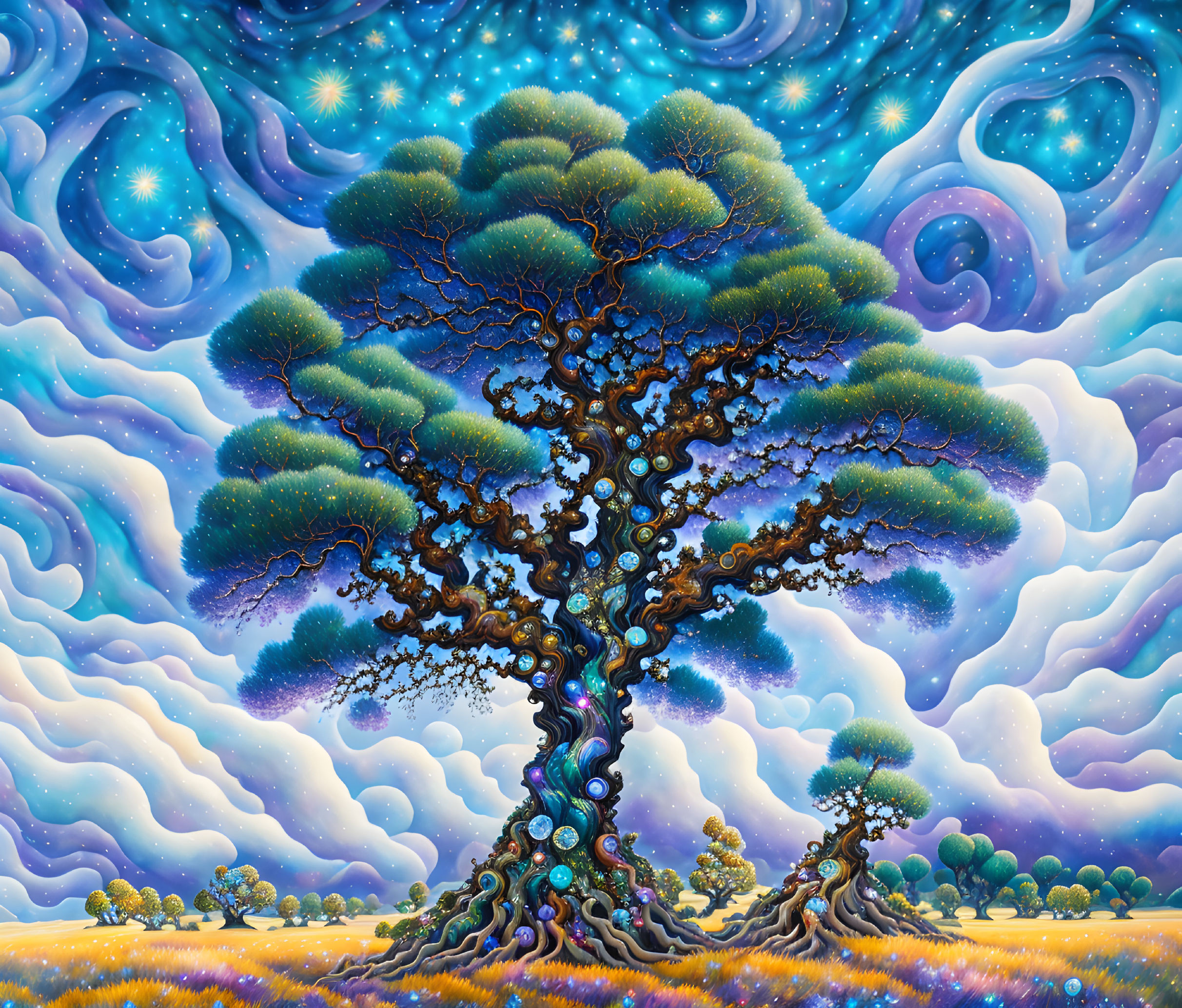 Colorful Psychedelic Tree Painting Under Starry Sky