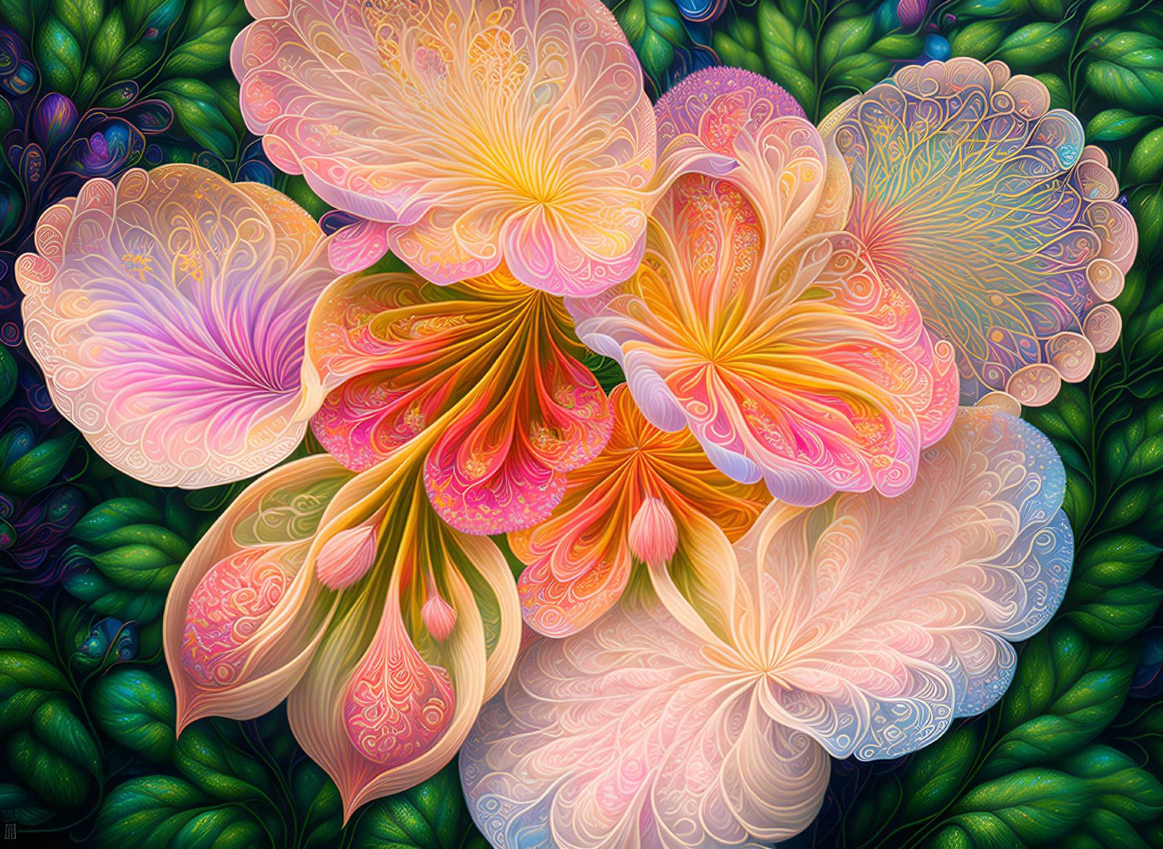 Colorful digital artwork: Stylized ornate flowers with intricate patterns