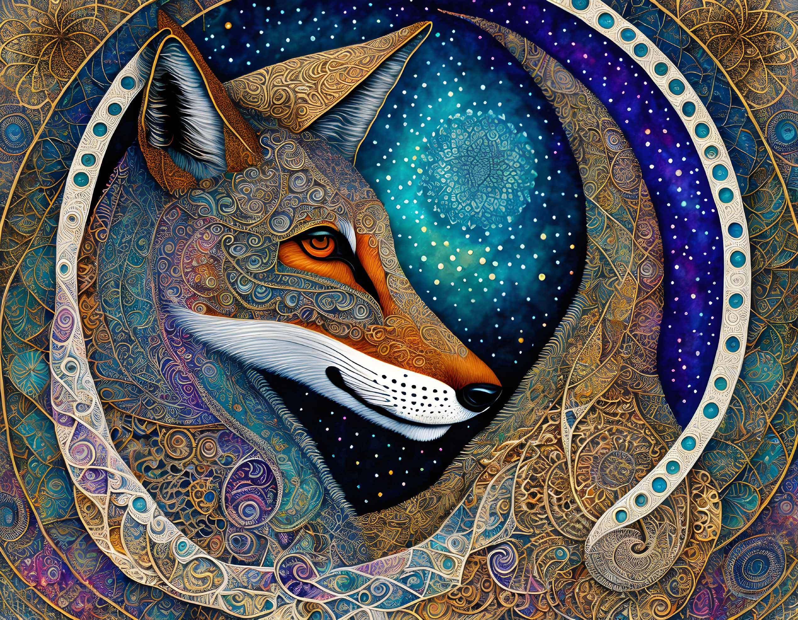 Vibrant fox illustration with cosmic background in circular frame