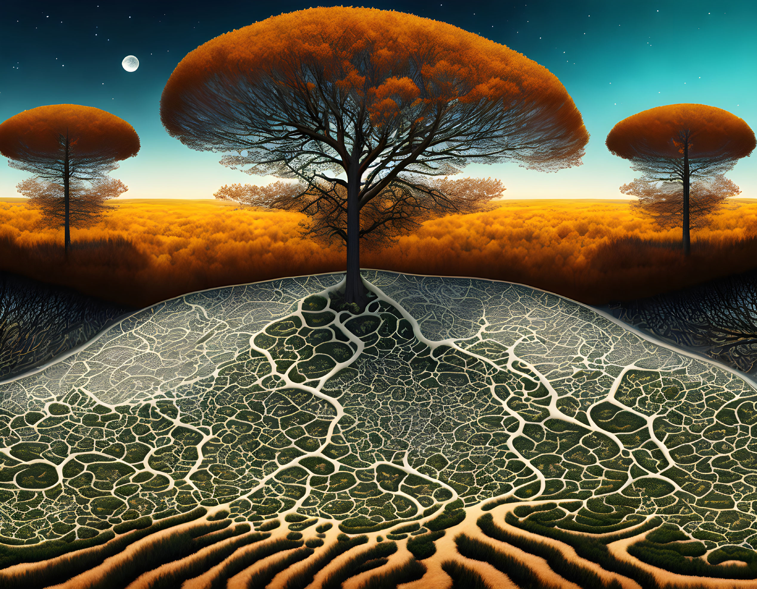 Surreal landscape with oversized orange tree canopies under starry sky