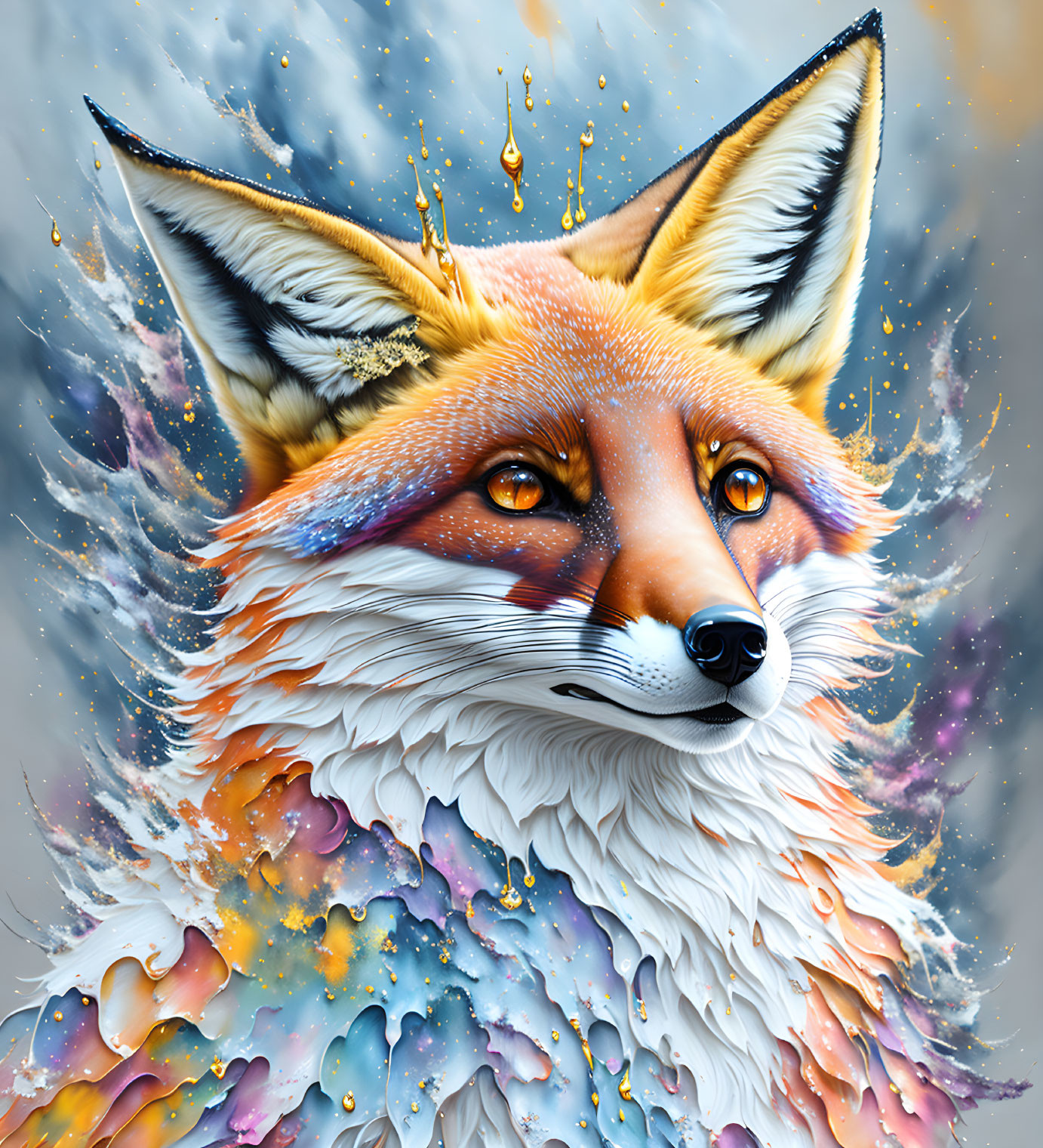 Colorful Fox Face Illustration with Surreal Paint Textures