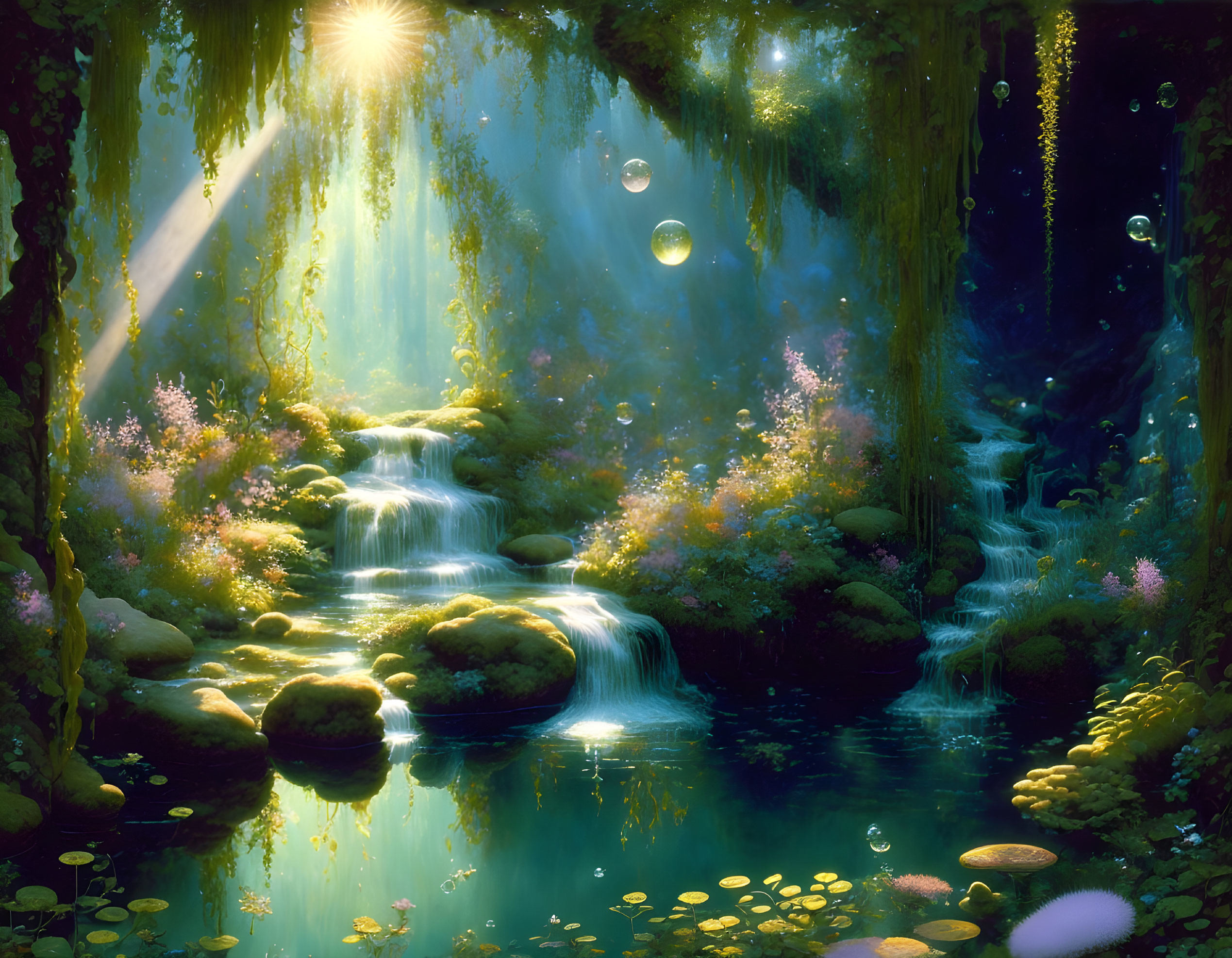 Mystical forest with sunbeams, waterfalls, bubbles, and glowing ambiance