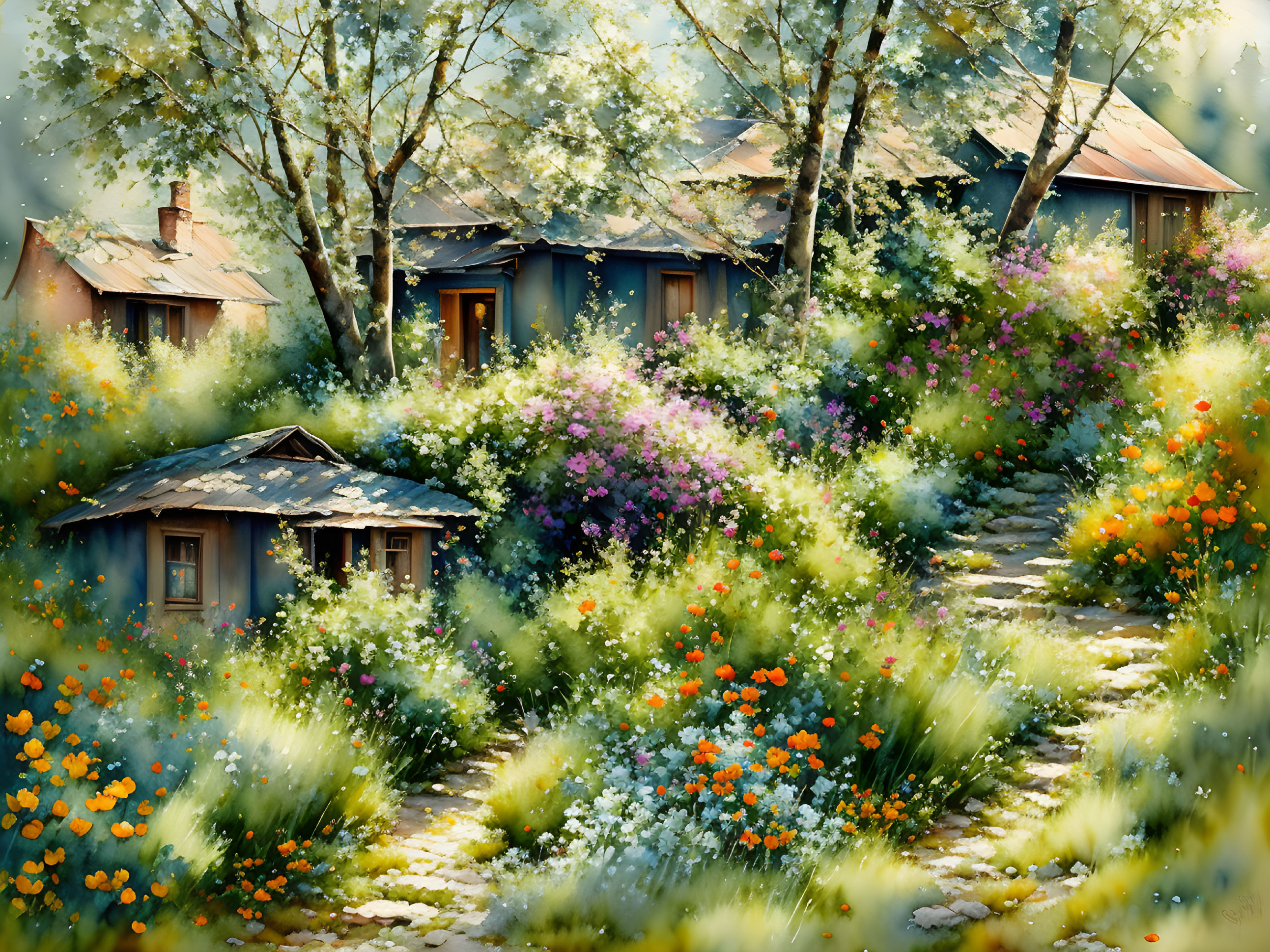 Tranquil village scene with blooming flowers and cozy cottages