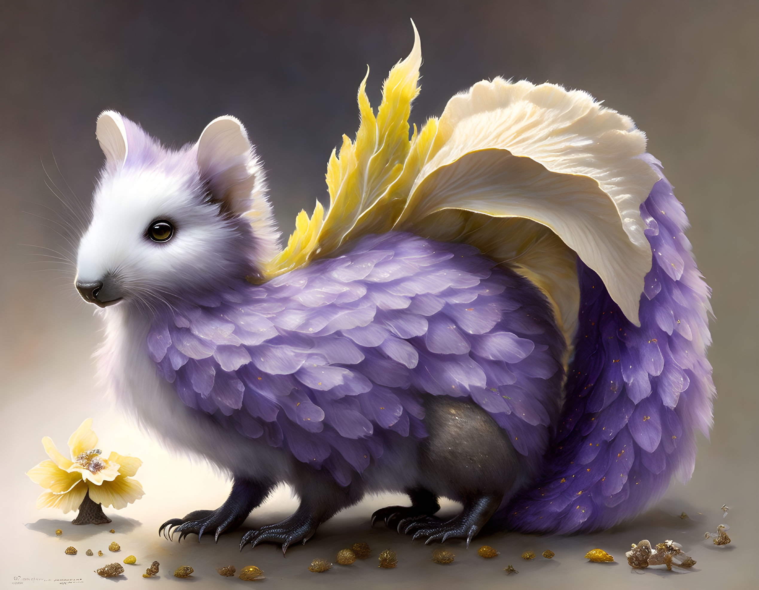 Colorful whimsical creature with white head, purple fur, leafy ears, and feathered wings