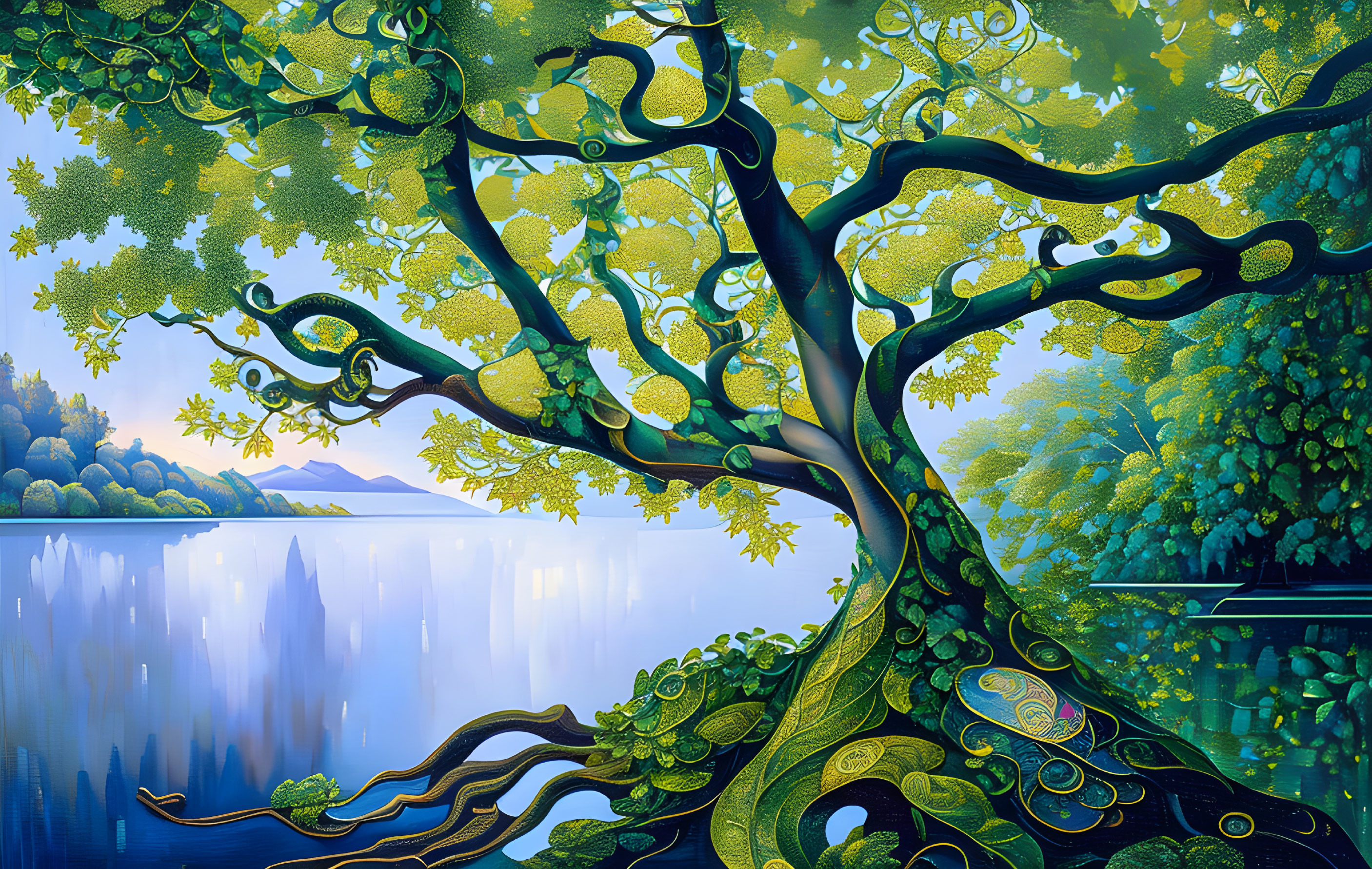 Detailed illustration of whimsical tree overlooking serene lake