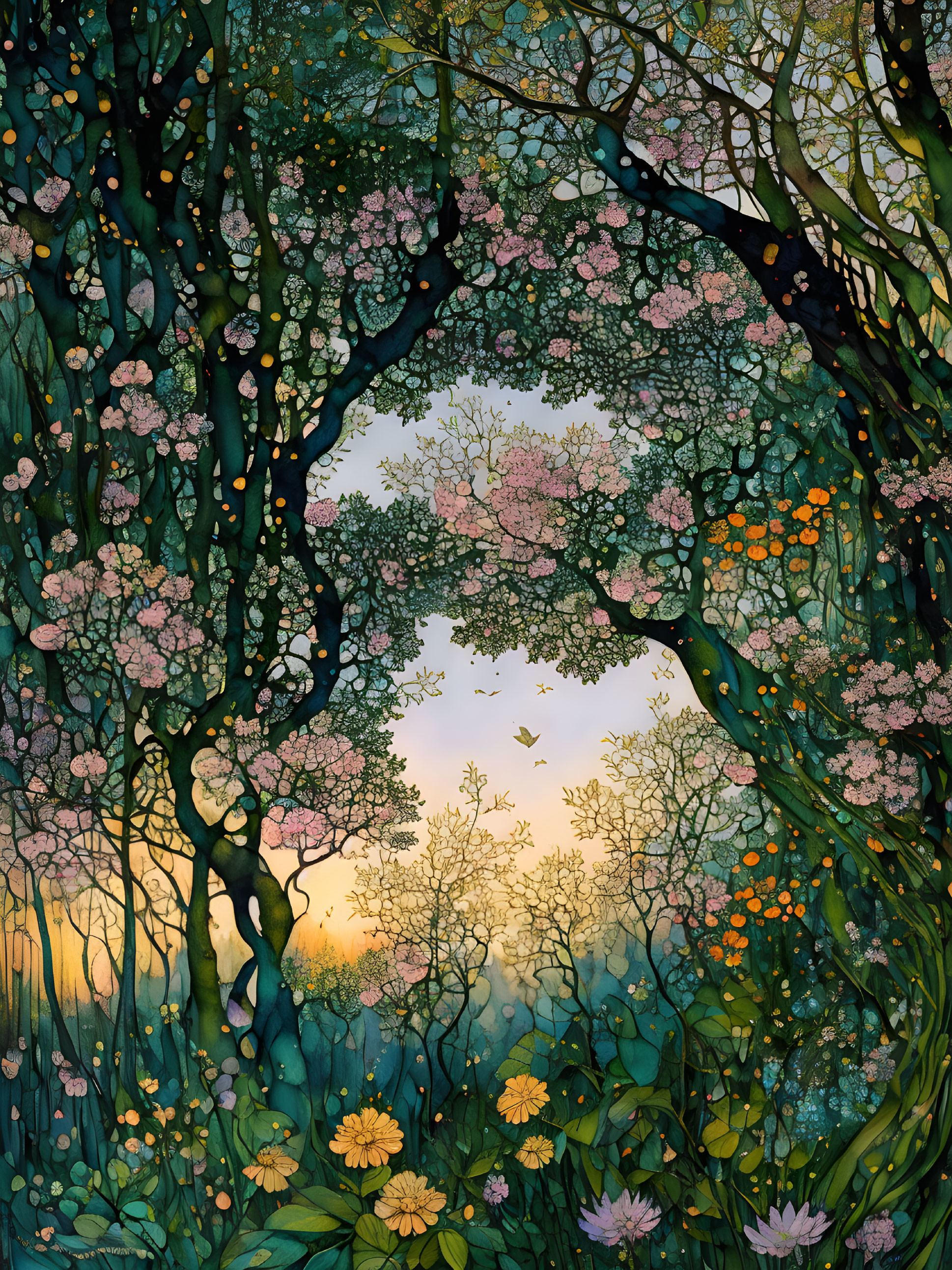 Colorful forest illustration with floral archway and pastel sunset