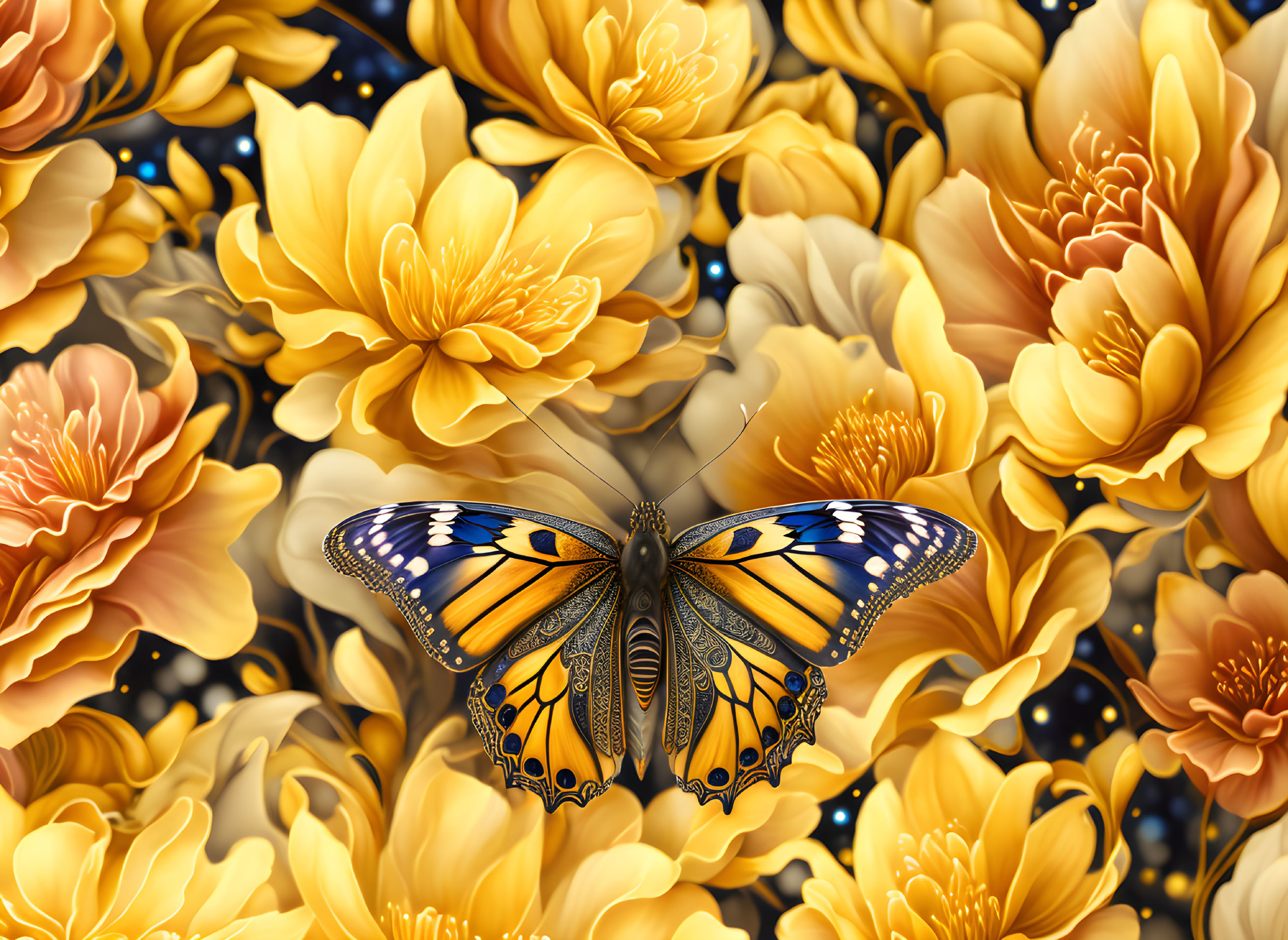 Detailed Butterfly and Golden Flower Pattern Illustration