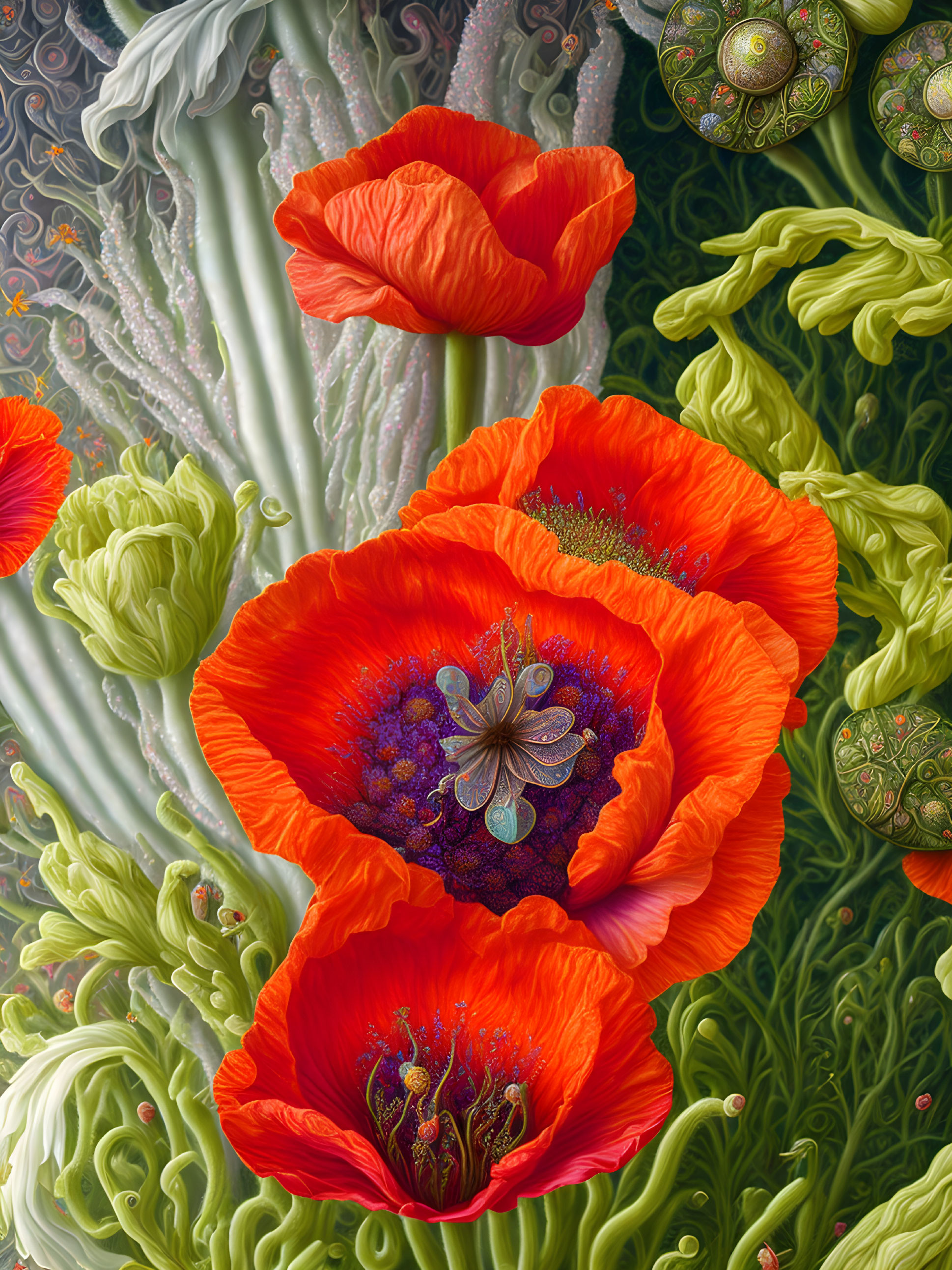 Detailed red poppies in lush greenery with surreal quality