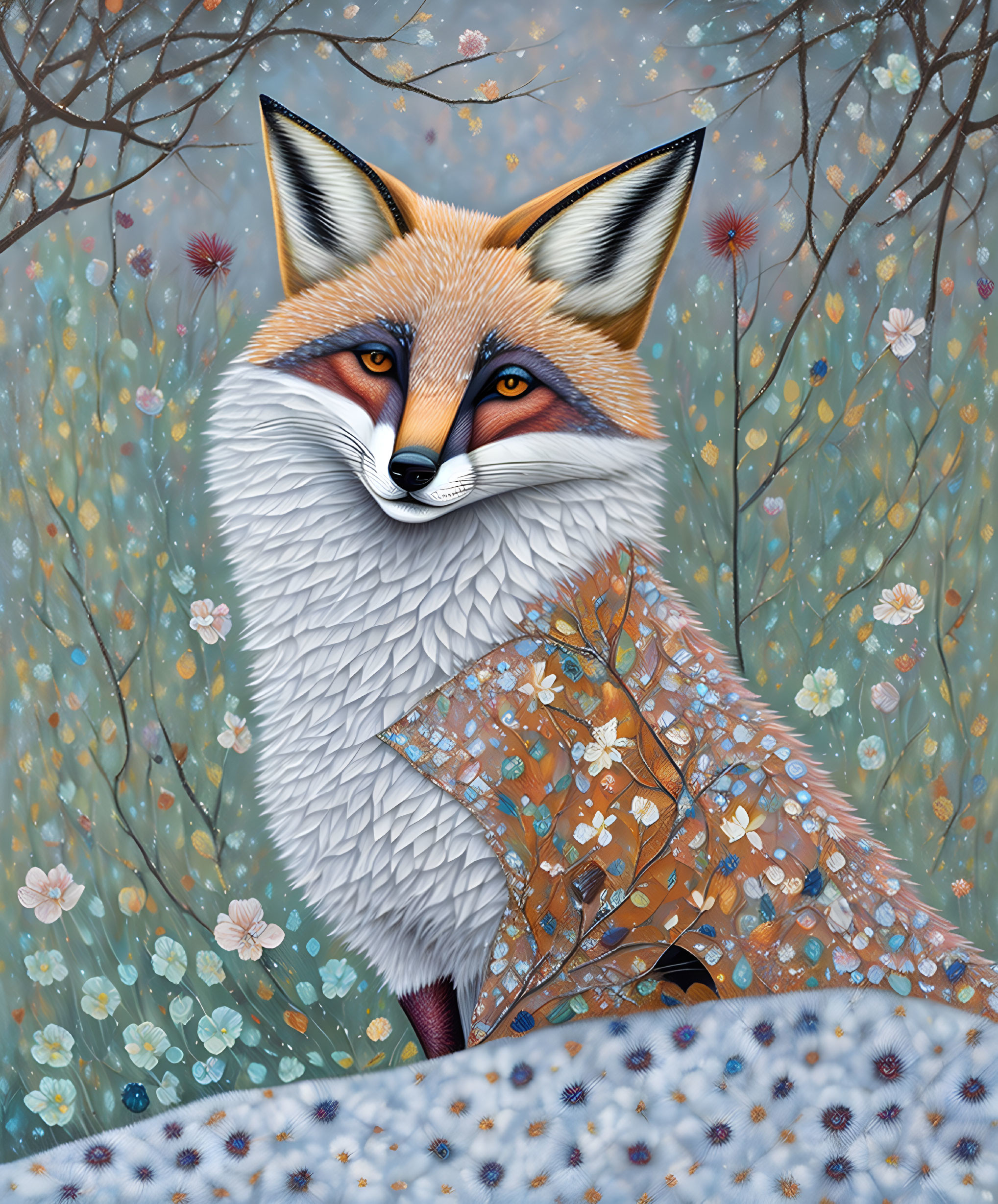 Detailed Fox Illustration with Vibrant Orange and White Fur in Whimsical Floral Setting