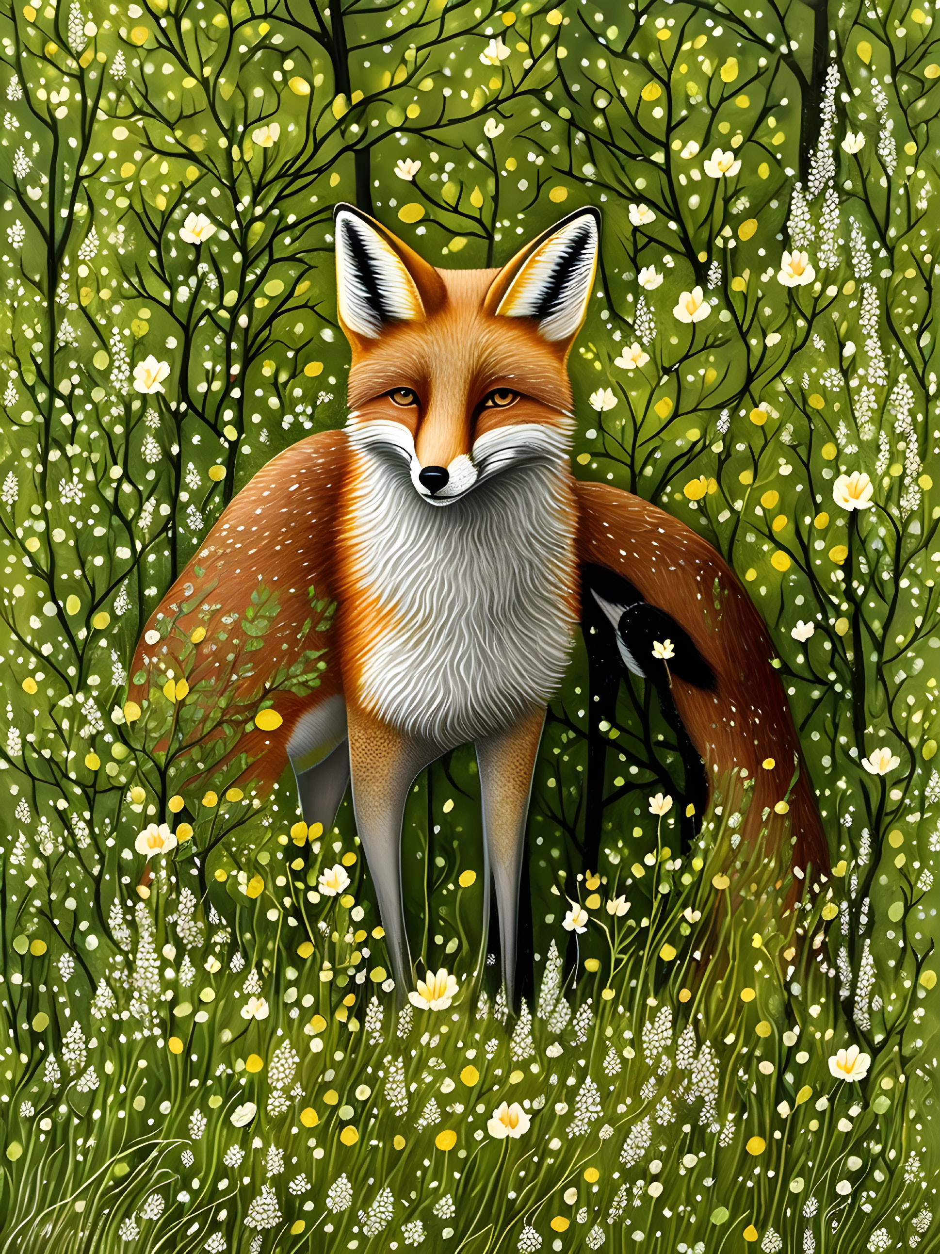 Red Fox in Vibrant Green Forest with White Flowers Illustration