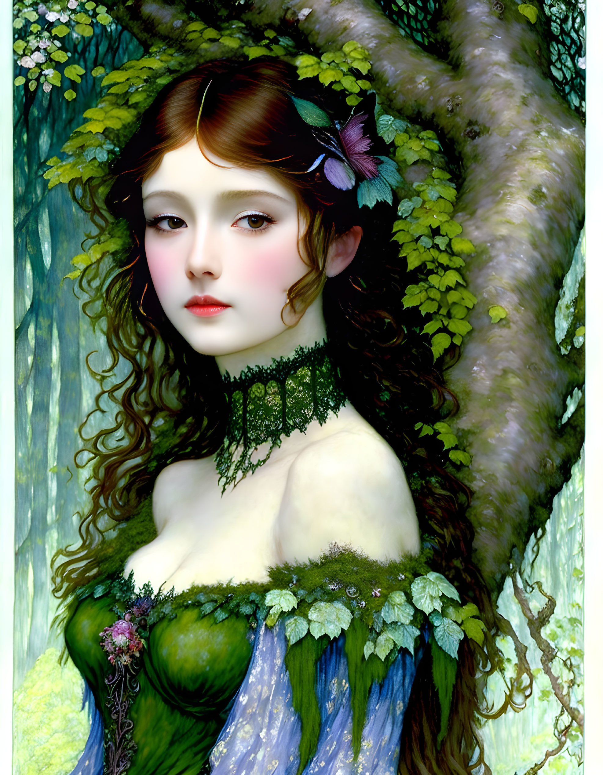 Fantasy illustration featuring woman with nature elements and woodland aesthetic.