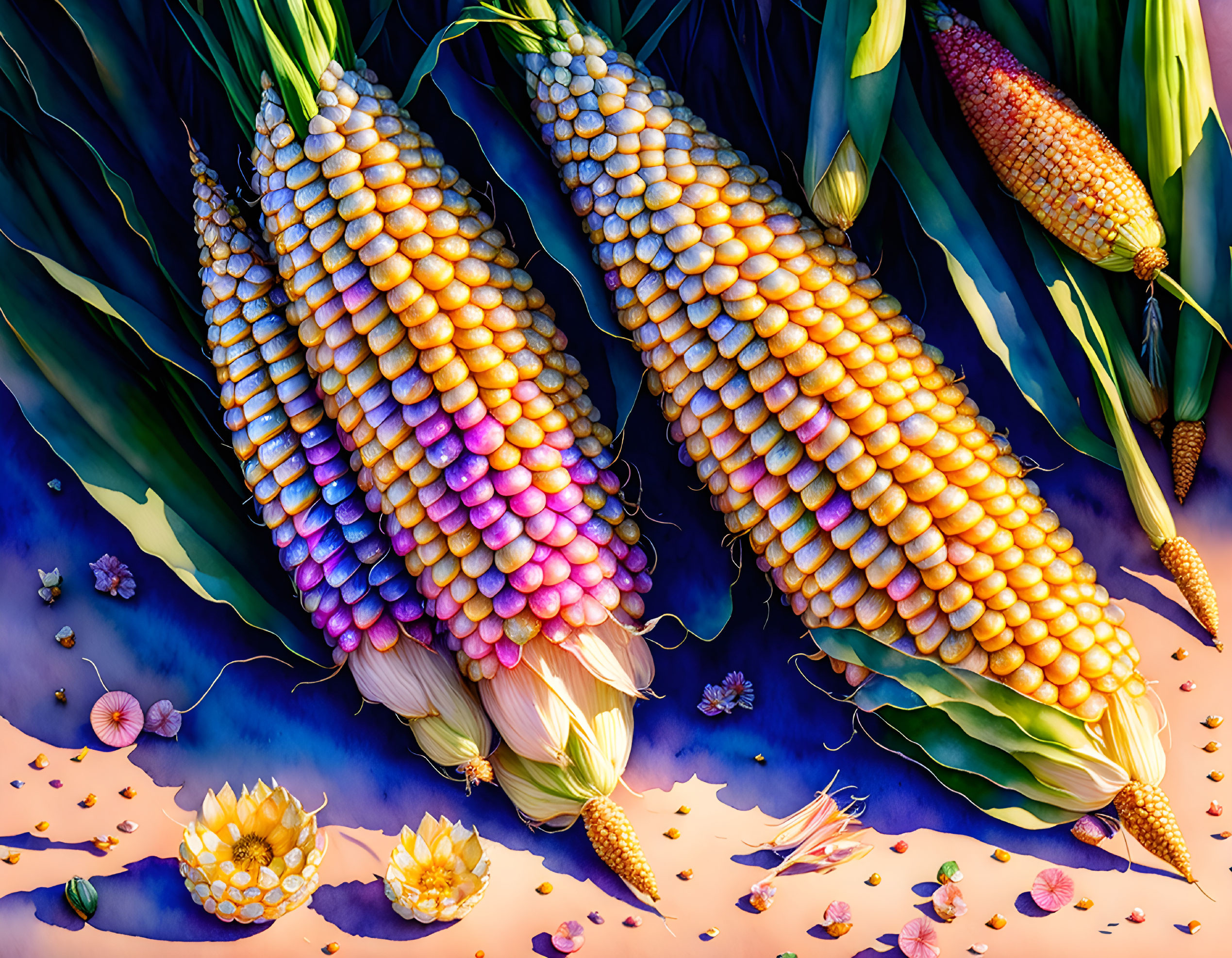 Vibrant corn cobs in yellow to purple hues on blue background