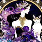 Art Nouveau-style illustration of woman with purple hair and white cat in golden circle.