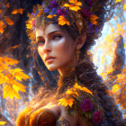 Fantasy female character with autumn floral jewelry and tattoos in golden forest.