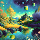 Colorful surreal landscape with river, castle, and fantastical planets in starry sky