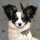 Detailed illustration of a dog in ornate mask with butterflies