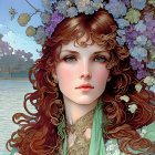 Detailed illustration of woman with curly hair, adorned with purple flowers, wearing green garment by serene lake.