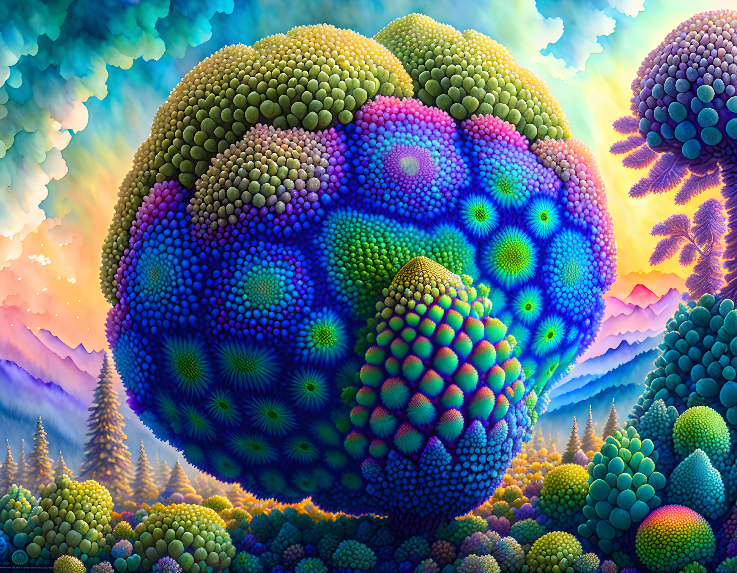 Colorful Fractal Artwork: Spherical Cluster in Fantasy Landscape