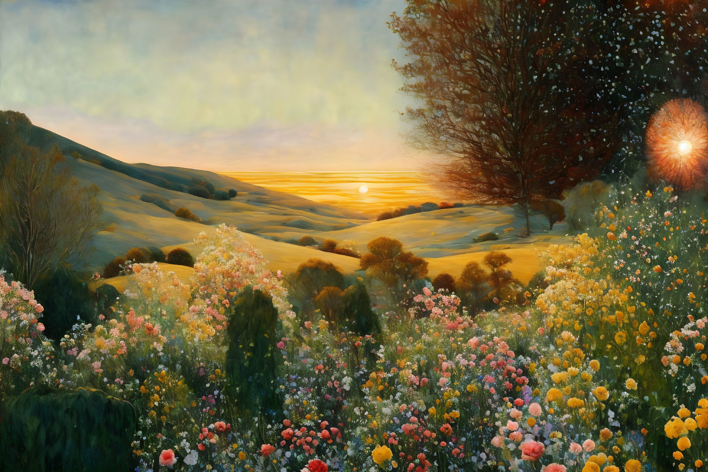 Colorful meadow painting with flowers and sunset over rolling hills