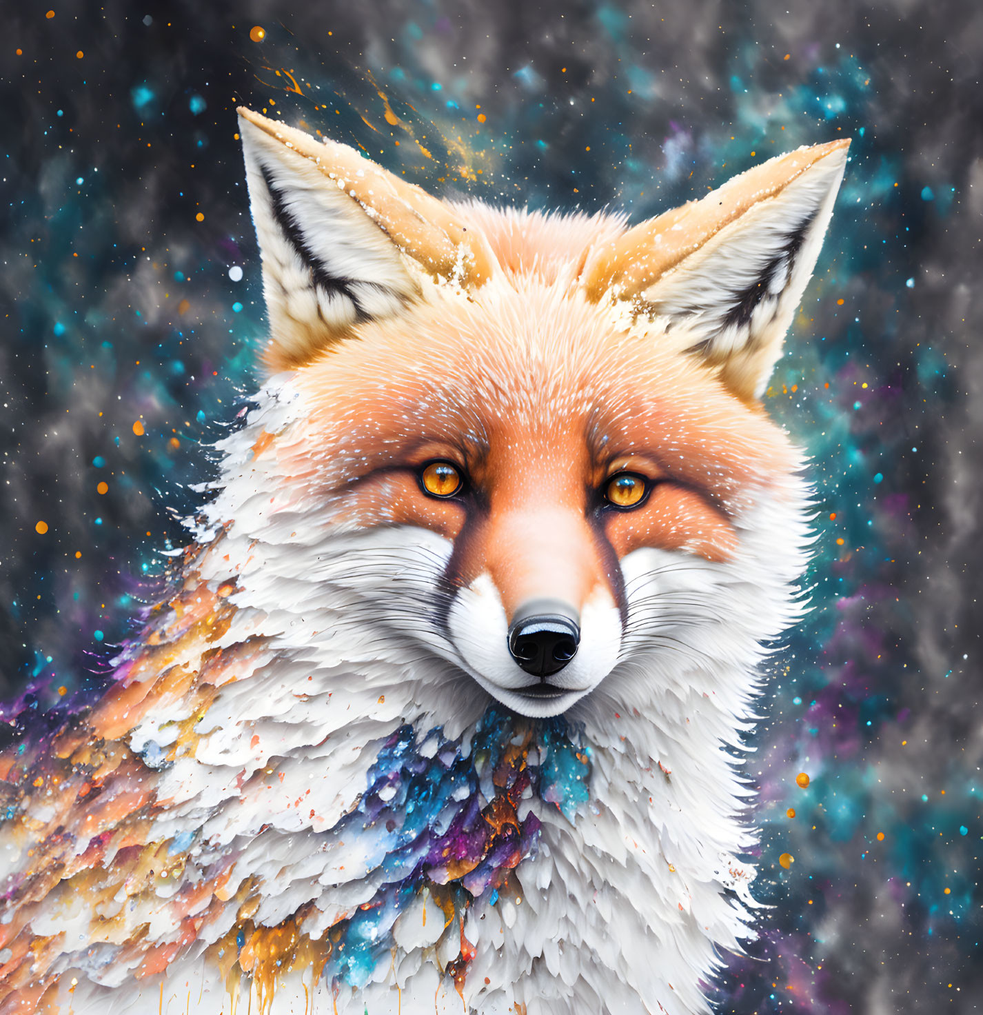 Vibrant digital artwork: Fox with snowy head & galaxy fur