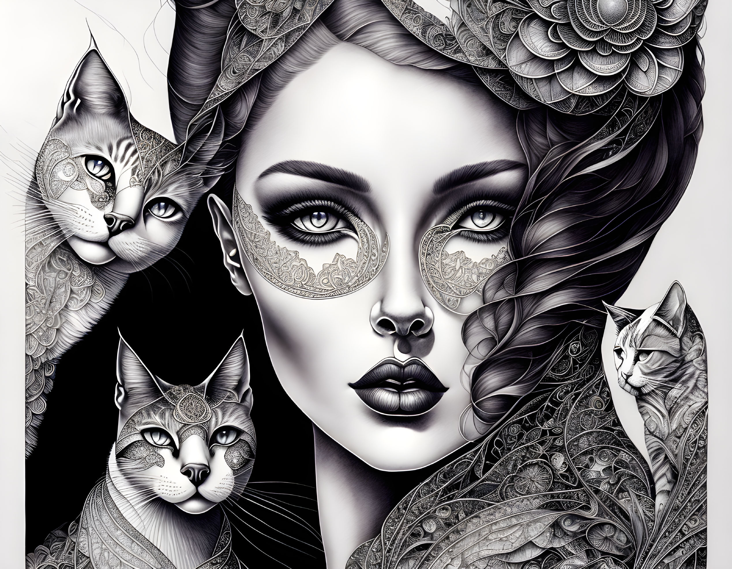 Detailed Illustration of Woman in Lace Mask and Headdress Surrounded by Cats