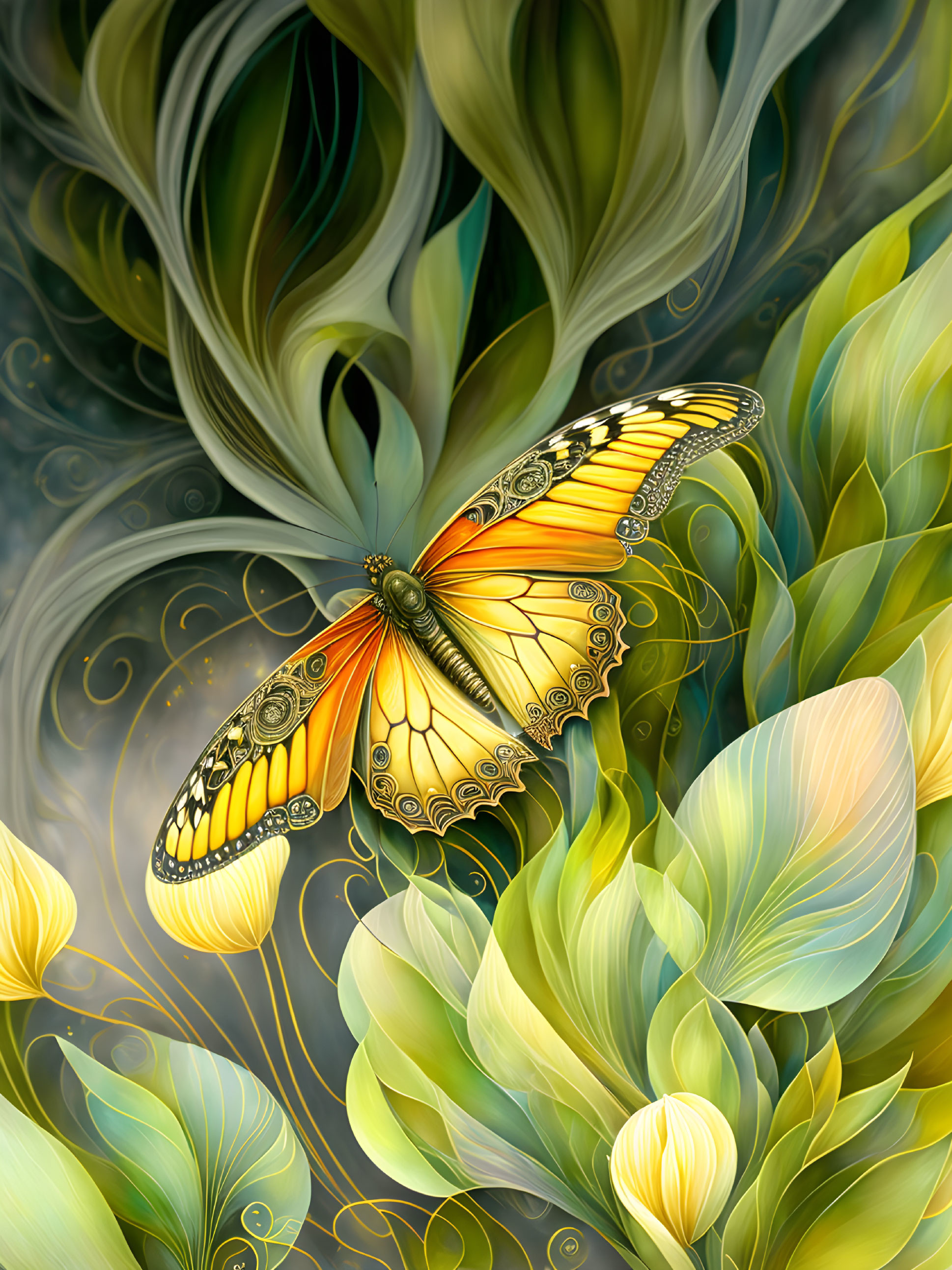 Detailed Digital Artwork: Yellow Butterfly on Botanical Background