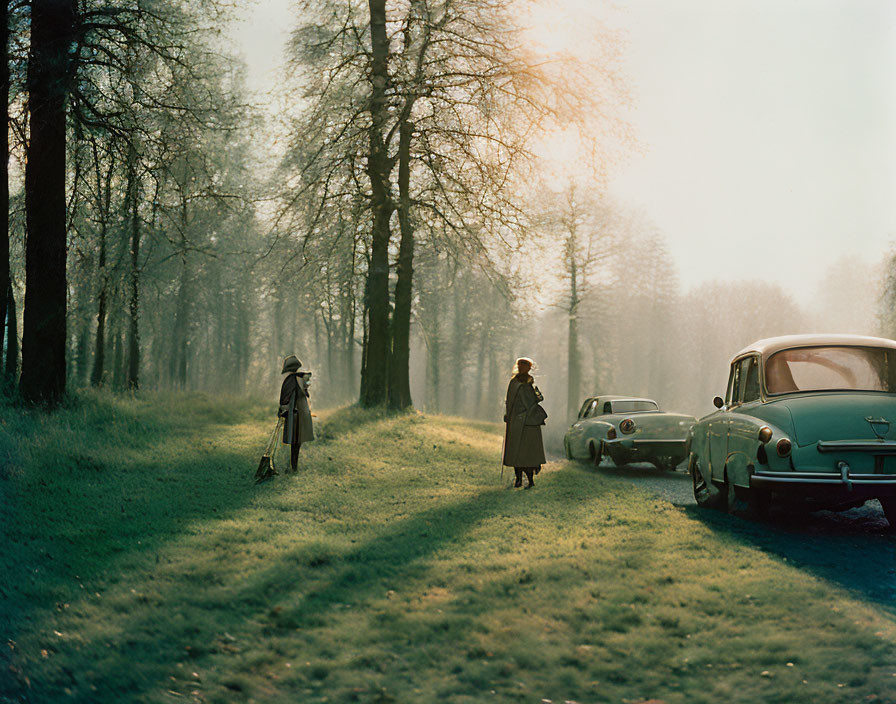 Two people with hats walking by vintage cars on sunlit road