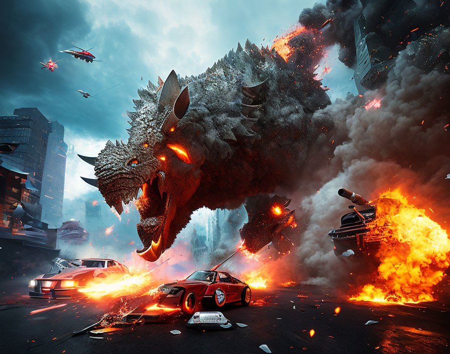 Massive dragon wreaks havoc in city street with explosions, flipped cars, and attack drones.