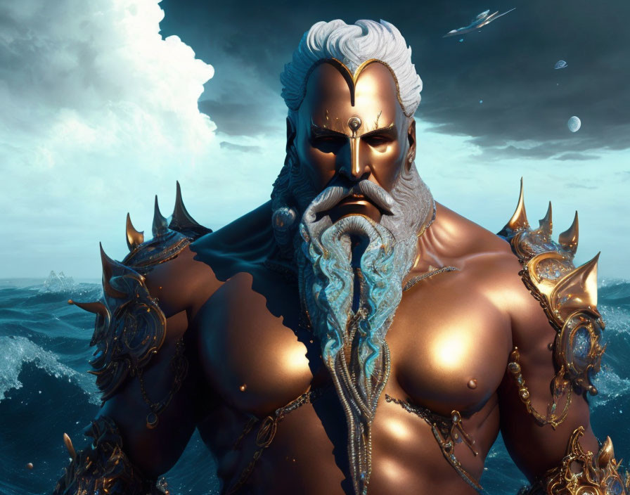 Mythical male figure with golden beard and armor against ocean backdrop