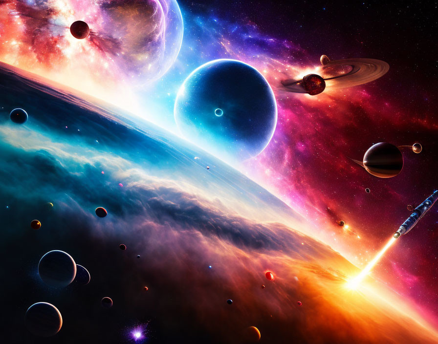 Colorful space scene with planets, stars, spaceship, and nebula