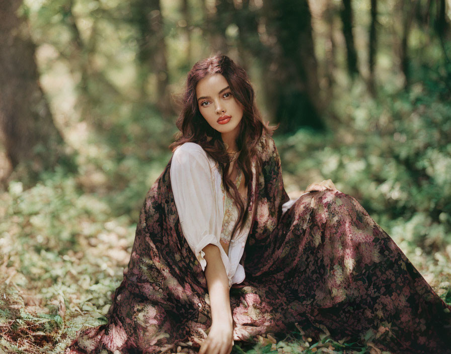 Woman in floral dress sitting in sun-dappled forest