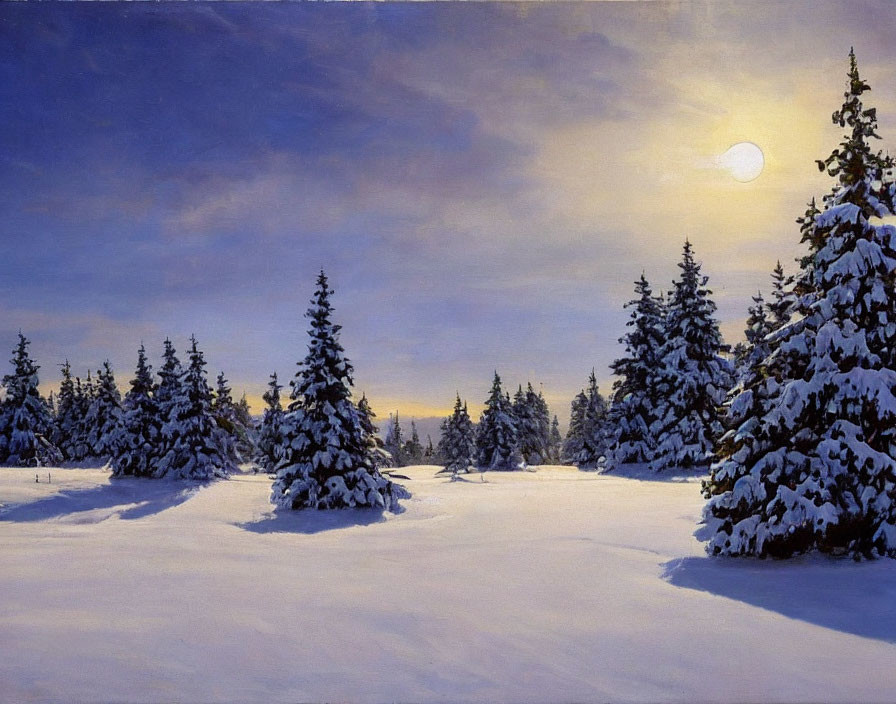 Winter scene: snowy landscape, pine trees, dusky sky, soft-glowing sun.